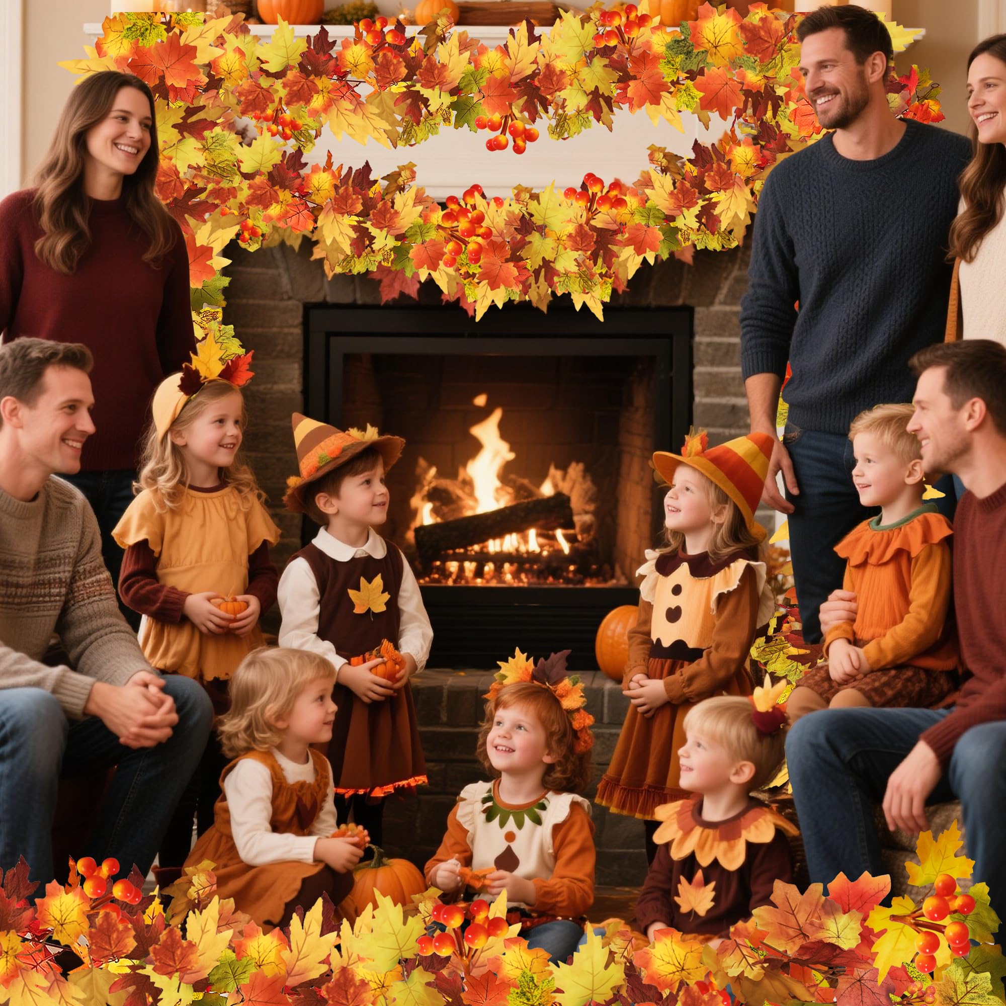 JANEF 2 Pcs Fall Maple Leaf Garland, Autumn Hanging Thanksgiving Decor Artificial Garland for Wedding Home Fireplace Party Autum