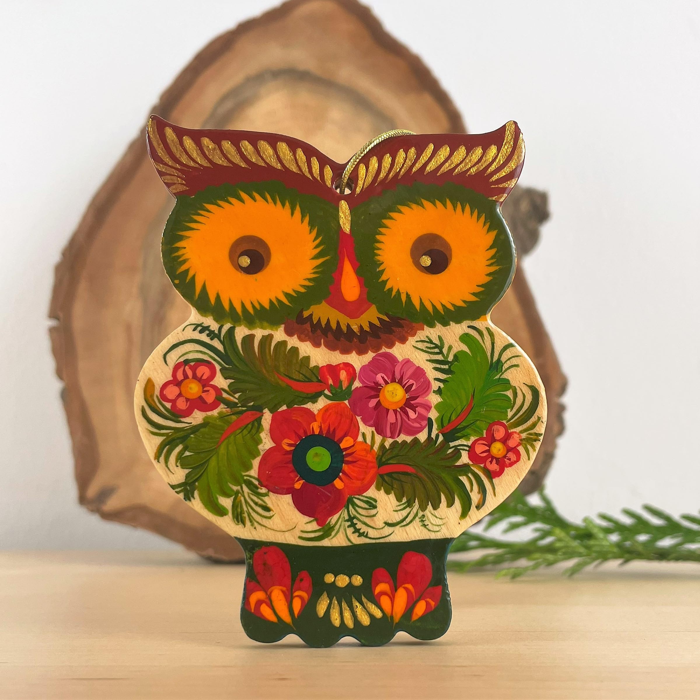 Christmas Ornament Owl Wooden Ukrainian Country Hand-painted 2,6 ? 3,7 ? 0,2 Inch Owl Boho Decoration for Hanging and Collectibl