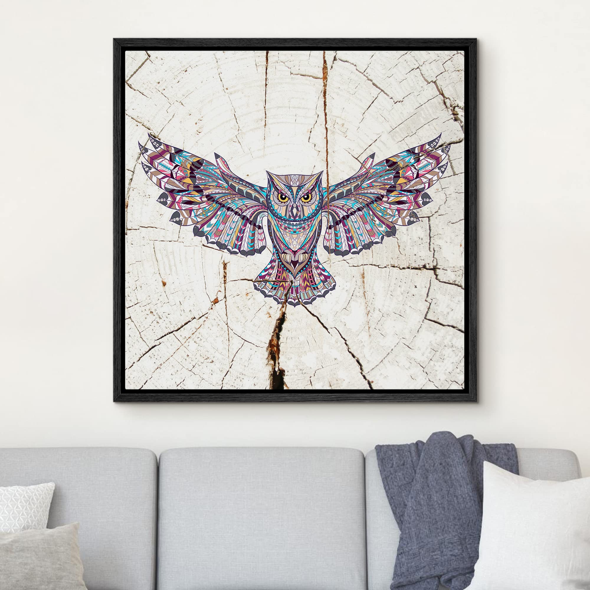 Wall26 Framed Canvas Print Wall Art Wood Ring Effect Tribal Pattern Owl Animals Wildlife Wood Modern Art Farmhouse/Country Expre