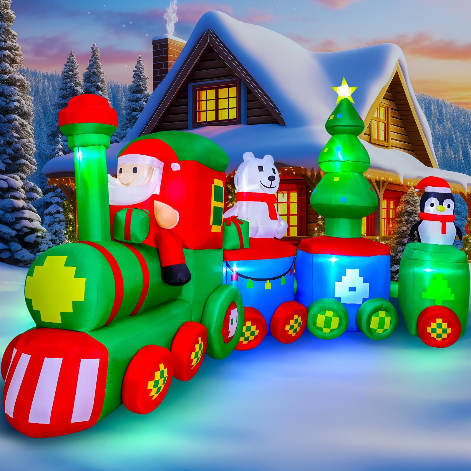 MGparty 14FT Christmas Inflatables Train with Santa Claus Bear Penguin Christmas Tress Built-in LED Lights Blow Up for Party Hol