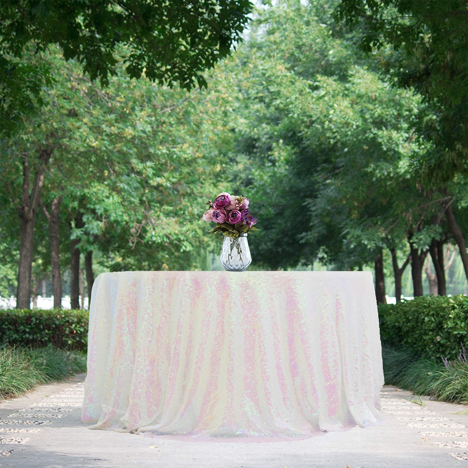 Jyflzq White Iridescent Sequin Tablecloth 90'' Round Sparkly Drape Table Cloths Table Cover Overlay For Wedding Birthday Party B