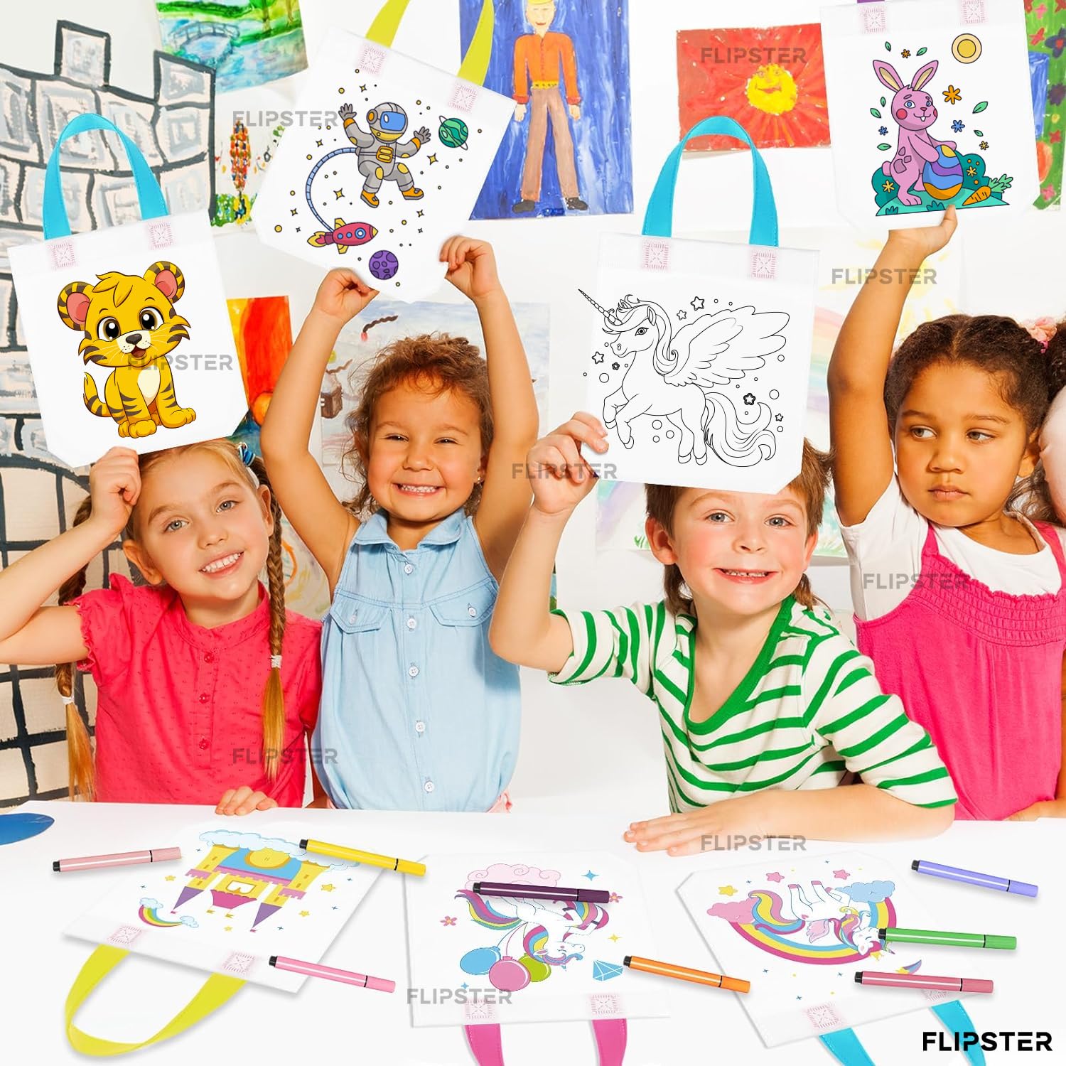 Flipster Diy Graffiti Return Gifts| Set Of 24|Return Gift Bags For Kids Birthday|10 X 12 Inches Reusable Colouring Bags For Pain