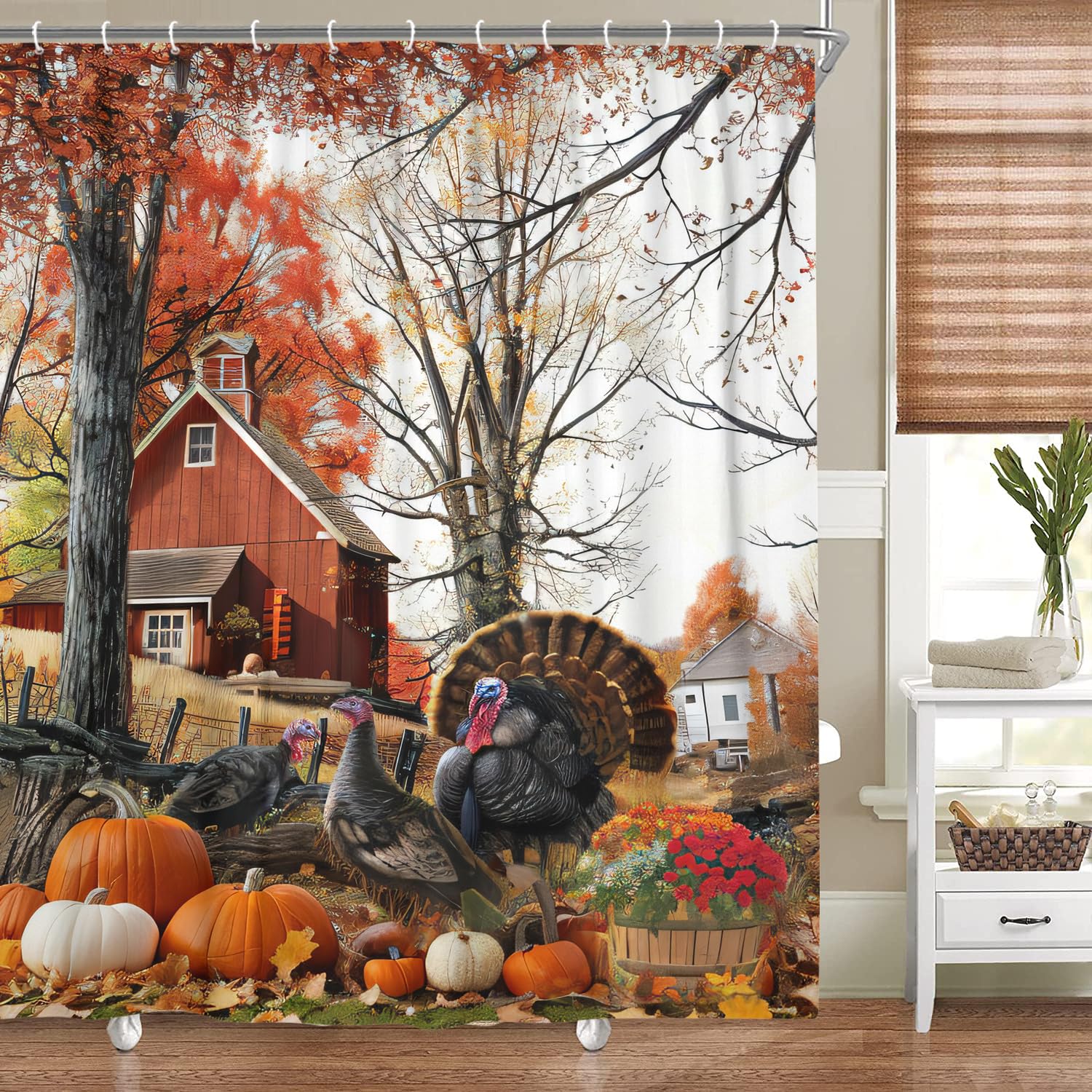 Thanksgiving Day Fall Shower Curtain For Bathroom, Rustic Autumn Farm Turkey Pumpkins Harvest Fabric Shower Curtains Set, Cute V