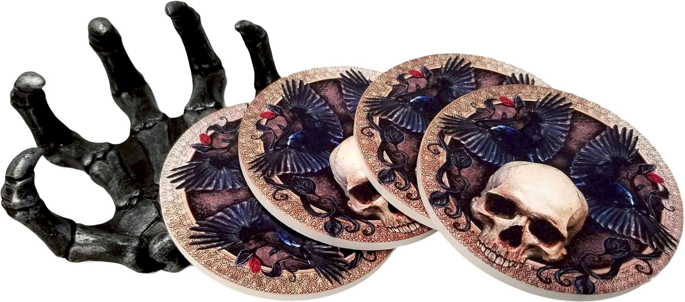 Dwk - Helping Hand - Beautiful Gothic Skull Beverage Coasters With Creepy Skeleton Hand Holder For Halloween Home Kitchen Dining