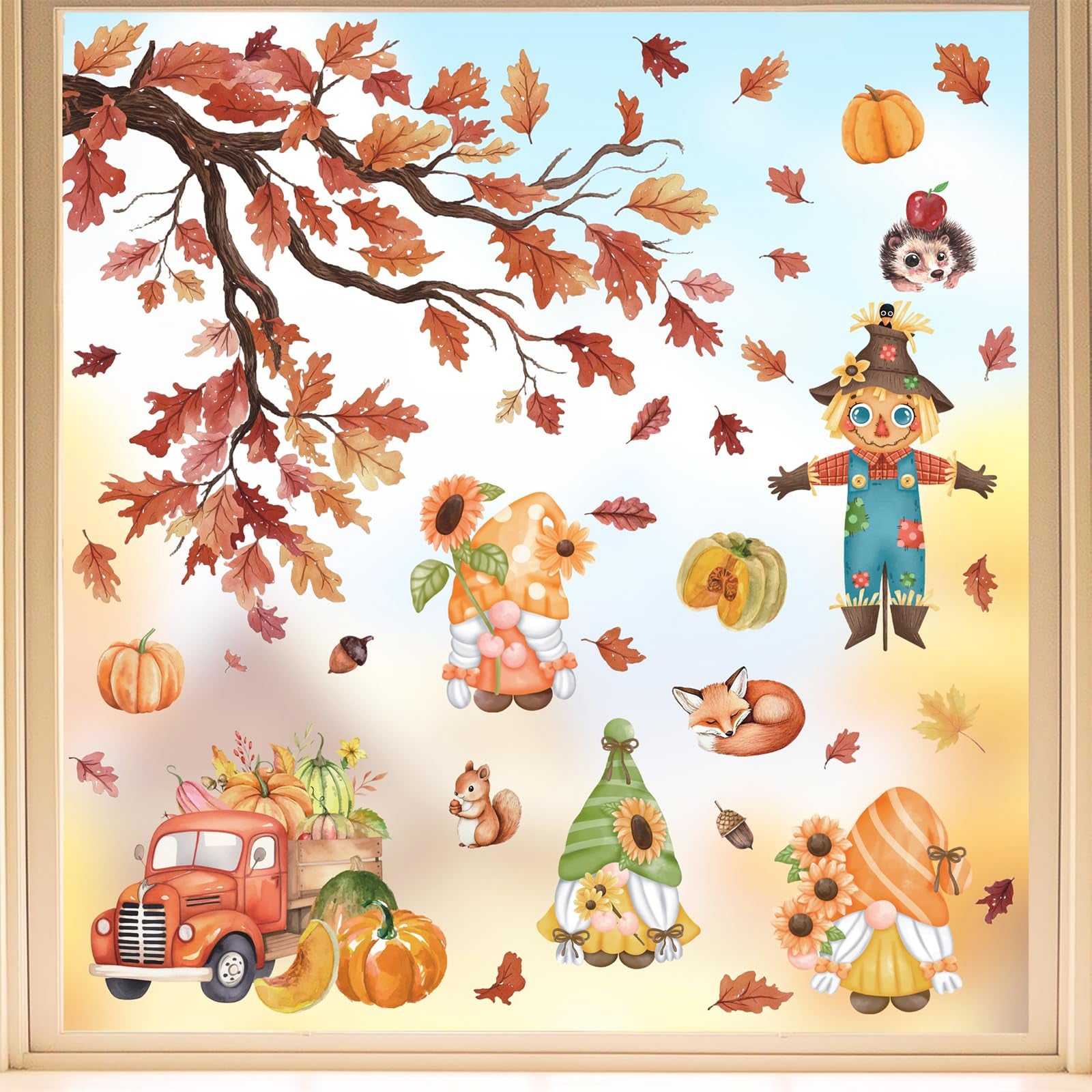 Celestdeco Thanksgiving Window Decorations,Thanksgiving Fall Wall Sticker,Fall Maple Leaves Window Clings,Scarecrow Stickers for