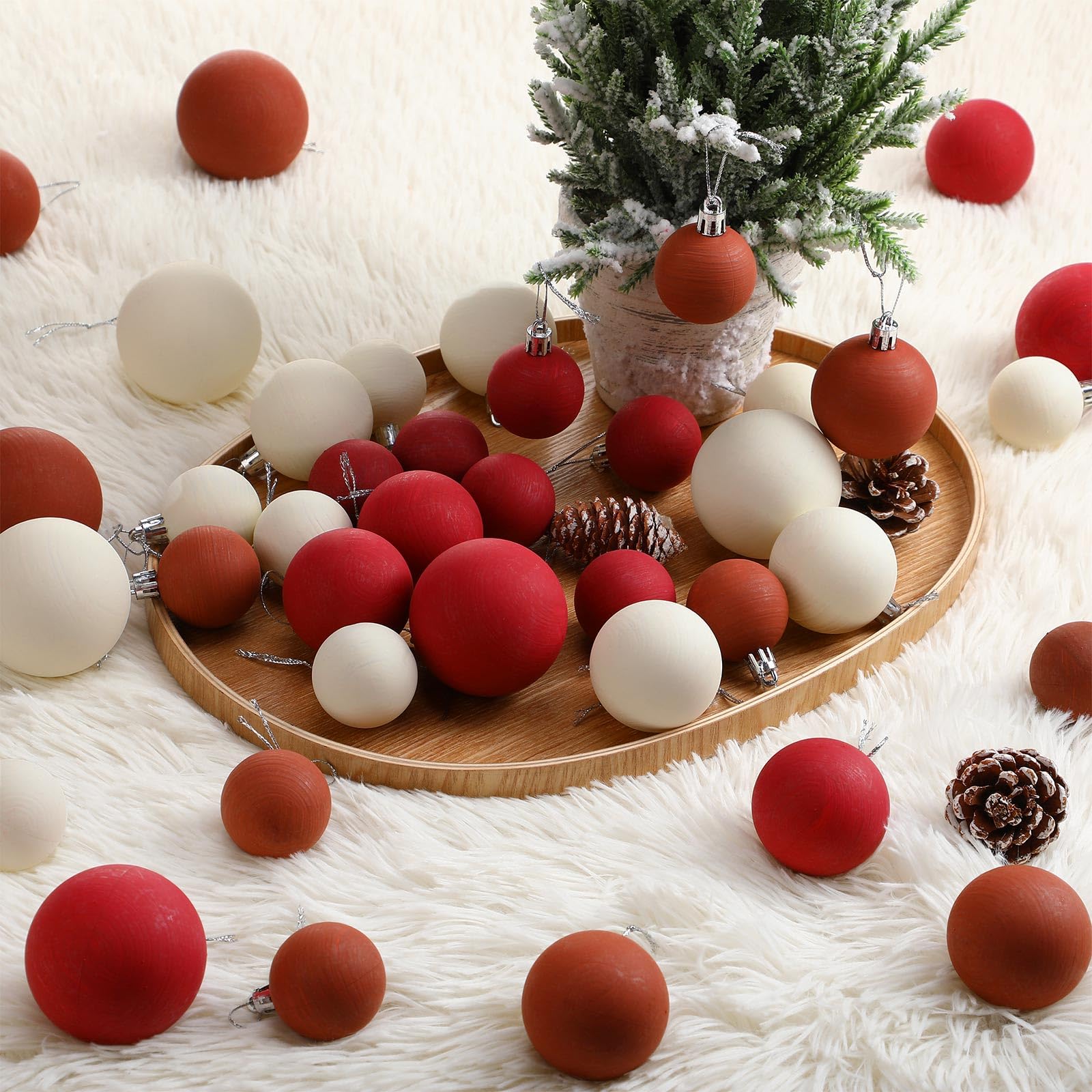 PullCrease 40 Pcs Neutral Matte Christmas Ball Ornaments Textured Rustic Boho Cream Red Terracotta Xmas Bulbs Ornaments with Vel