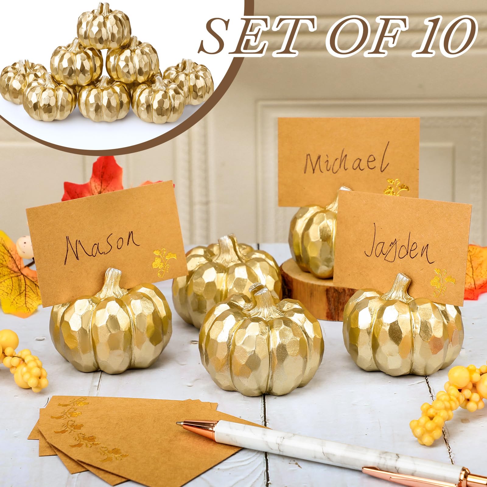 Chunful 10 Set Thanksgiving Mini Gold Pumpkin Place Card Holder Resin Fall Pumpkin Decoration Thanksgiving Table Card Holder Fal