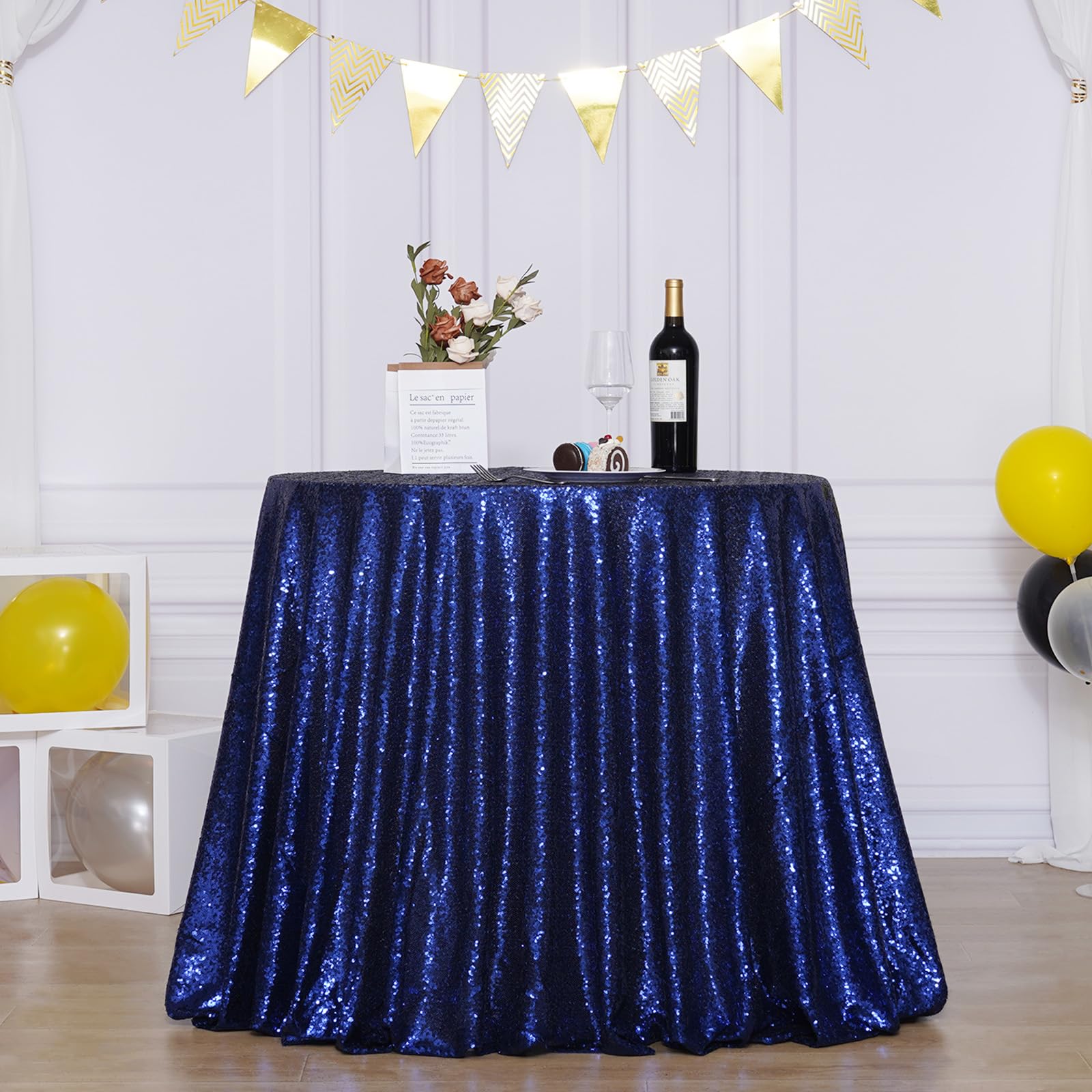 Poise3Ehome 120-Inch Round Navy Blue Sequin Tablecloth For Party Cake Dessert Table Exhibition Events
