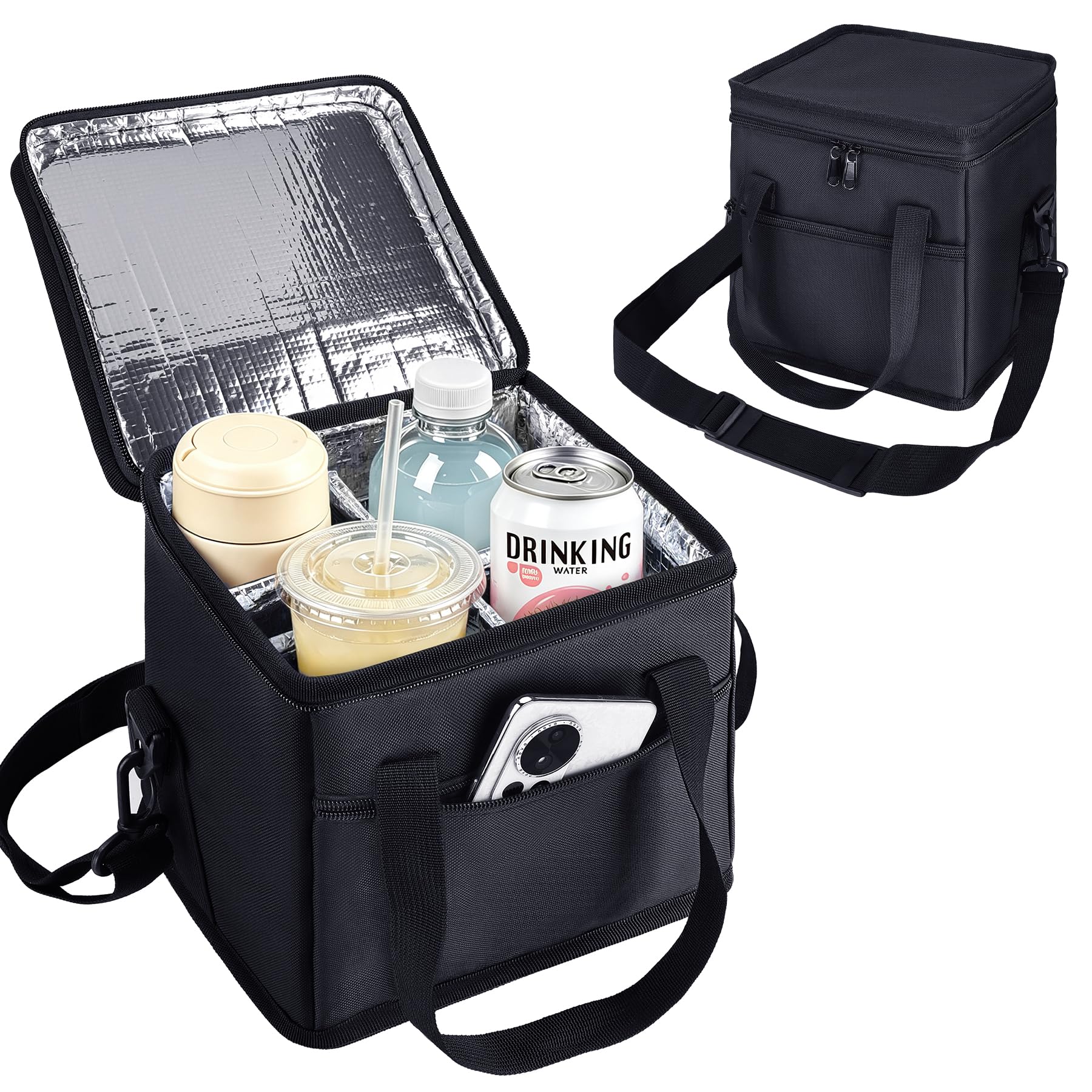 AZAMIA Insulated Drink Carrier Bag with Handle, 2 Side Pockets, Black