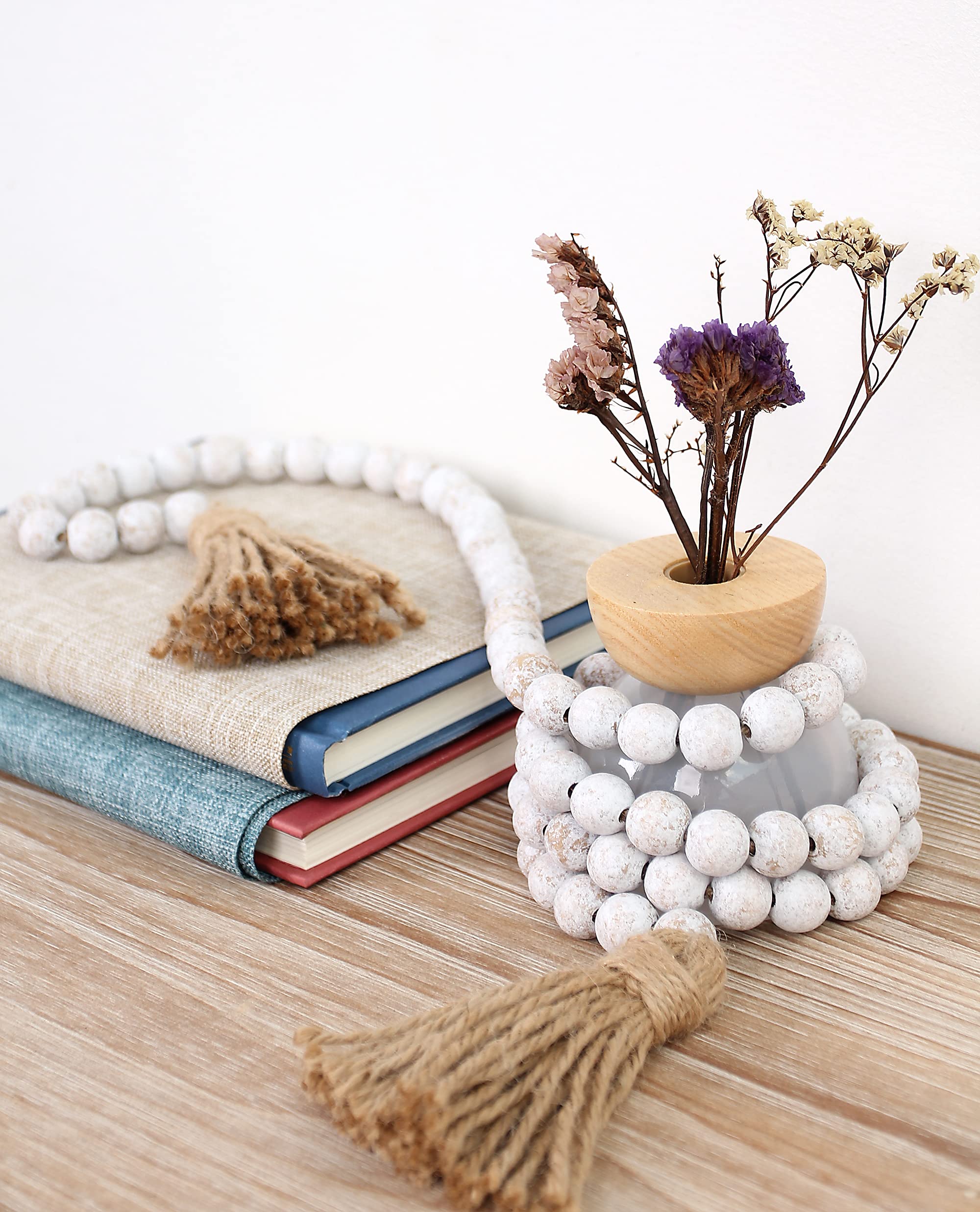 58in Wood Bead Garland with Tassels, Farmhouse Rustic Country Decor Prayer Boho Wall Hanging Decoration (Whitewash)