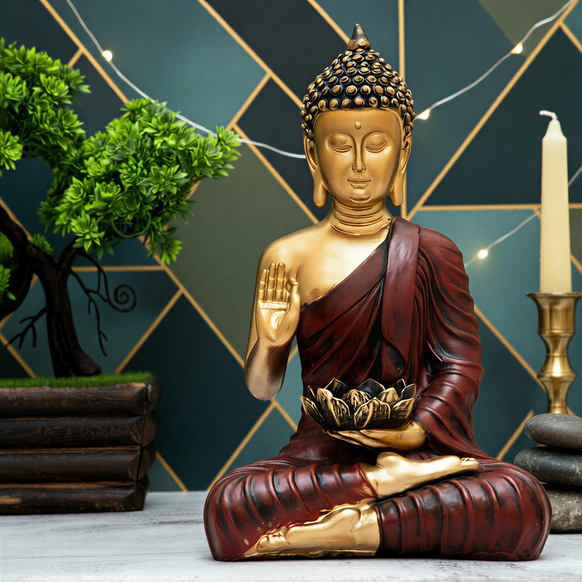 Heeran Art New Meditating Sitting Buddha Statue Showpiece Idol Home Decor Items For Living Room And Gifts (Red Golden, Medium)