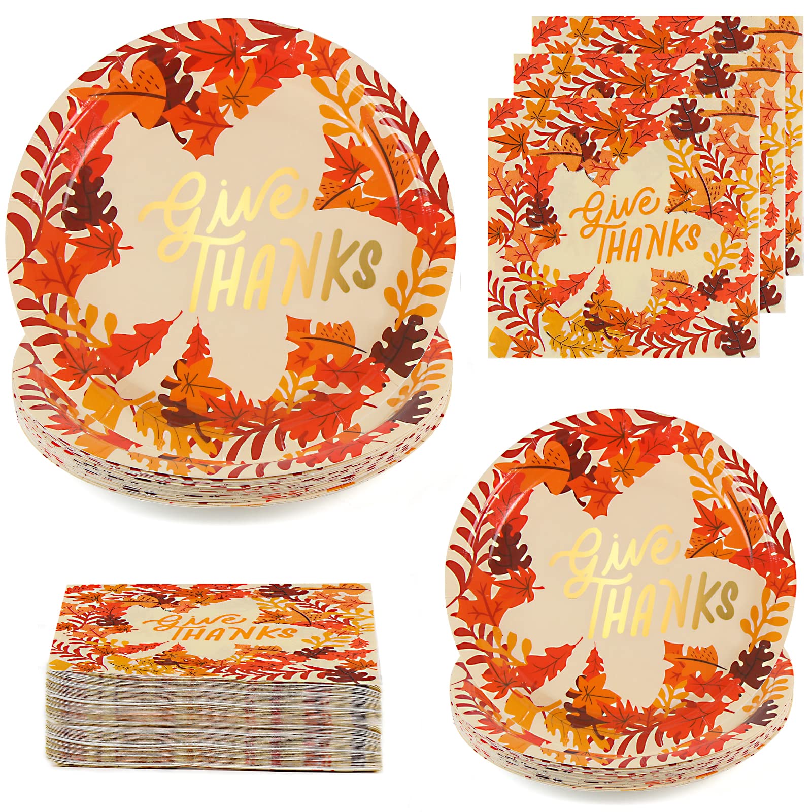 DIYASY 96 Pack Thanksgiving Paper Plates and Napkins, Fall Disposable Plates Dinnerware Heavy Duty Dessert Dinner Plate for 24 G