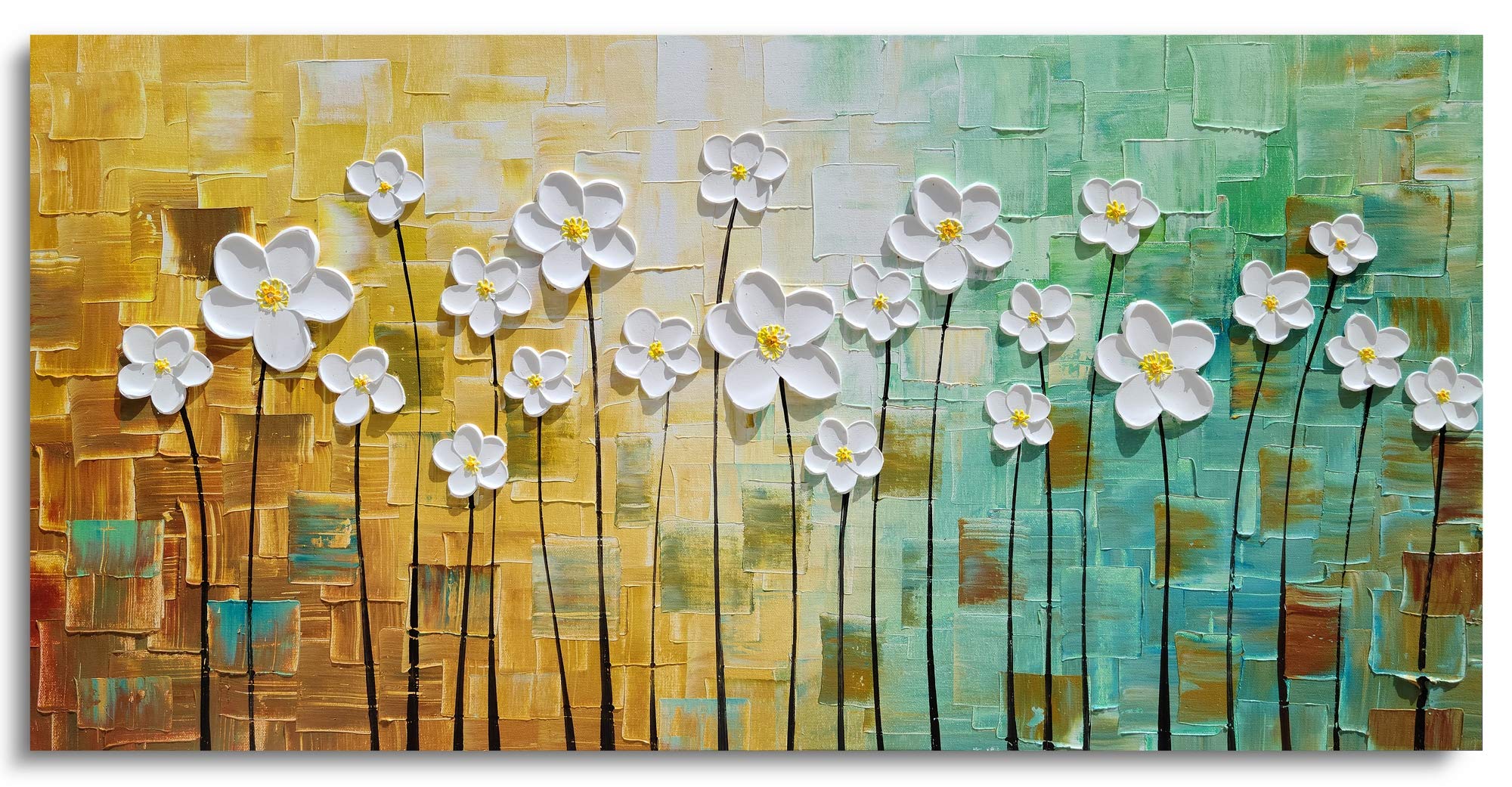 Sygallerier White Floral Canvas Wall Art Hand Painted Heavy Textured Paintings Teal And Yellow Pictures Contemporary Artwork For