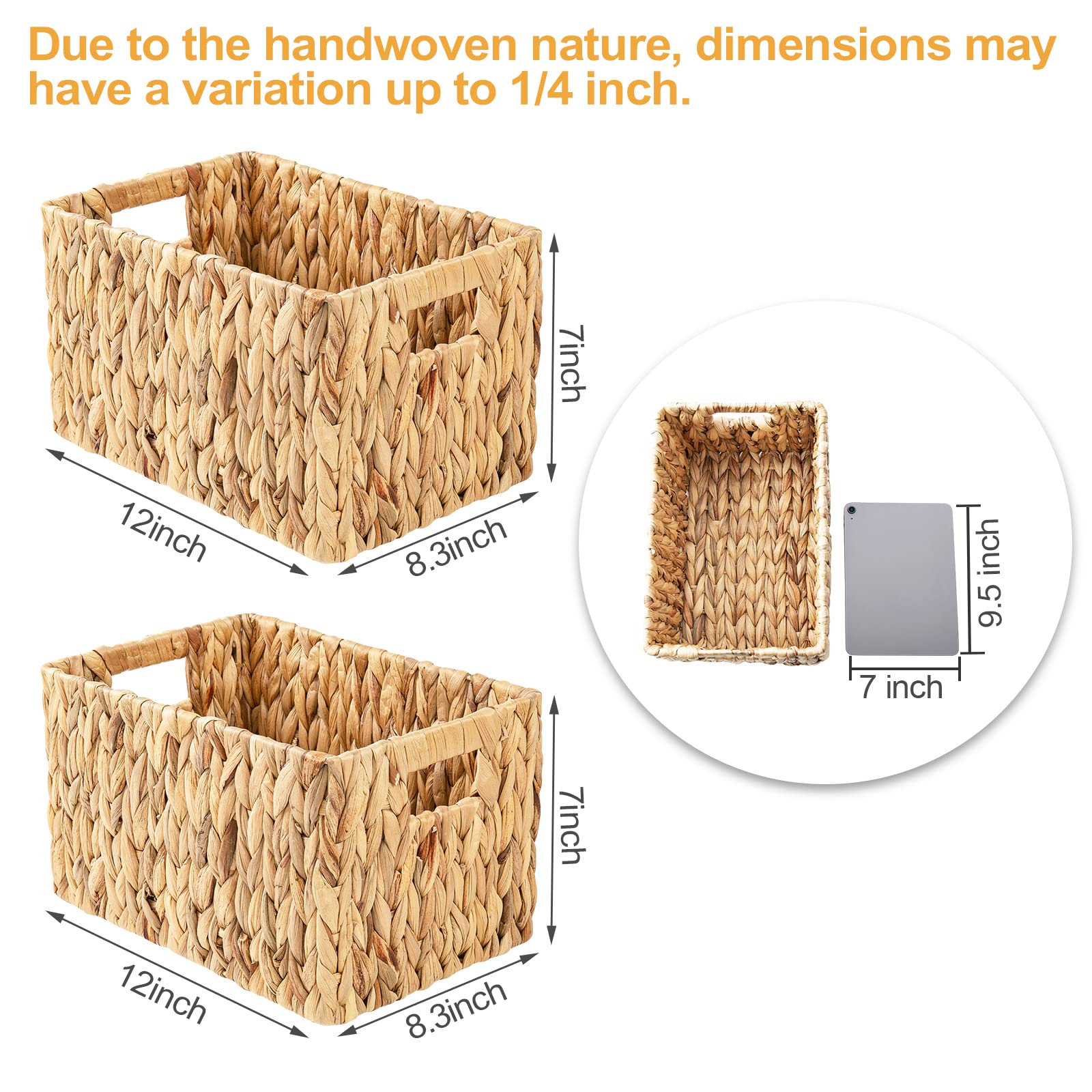 Elong Home Water Hyacinth Wicker Baskets, Rectangular 12'' Wicker Basket 2 Pack, Wicker Basket For Shelves, Woven Storage Basket