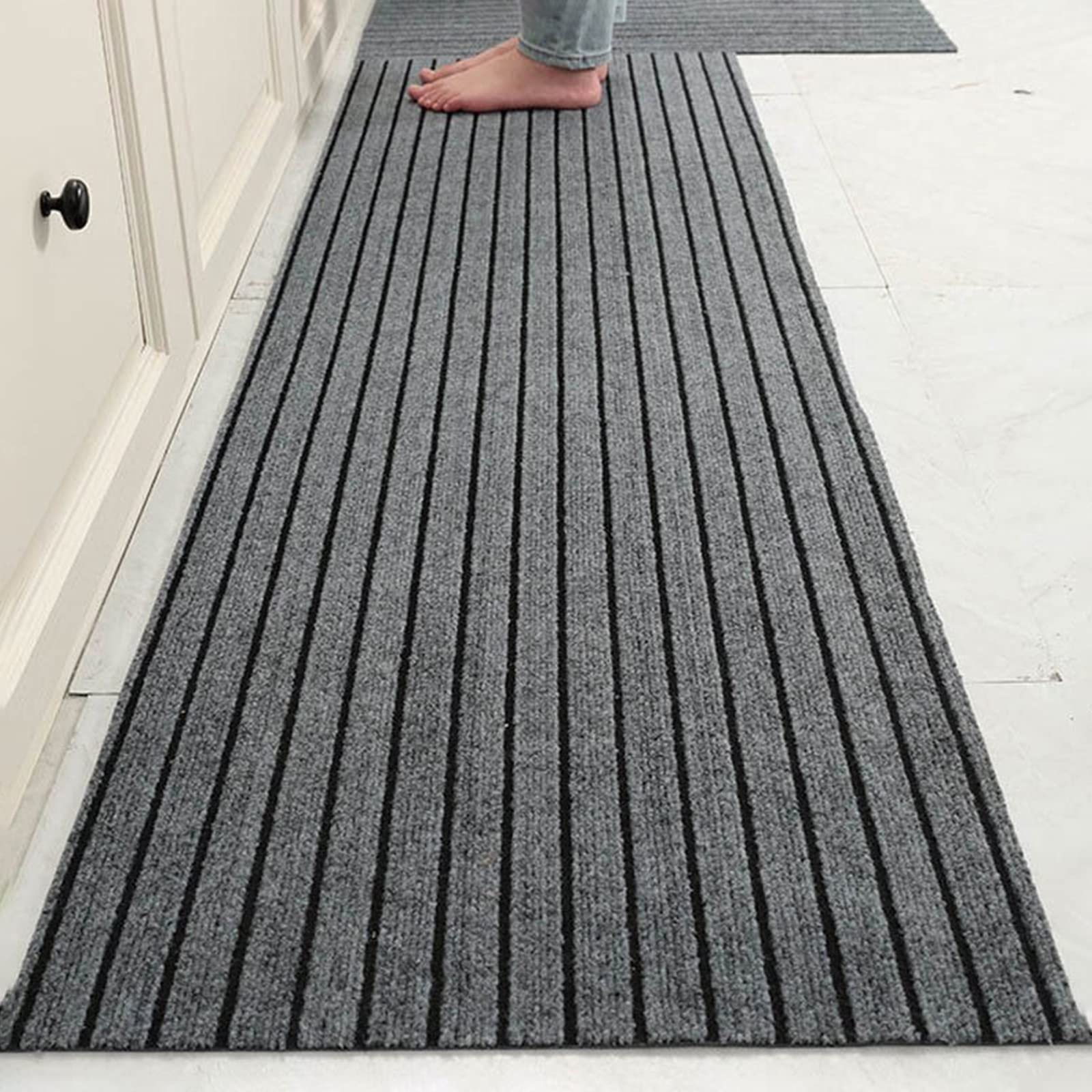 Wolpin Cotton Kitchen Floor Mat Runner With Anti Skid Backing Home Striped Anti Slip Rug (Grey, 40 X 120 Cm)