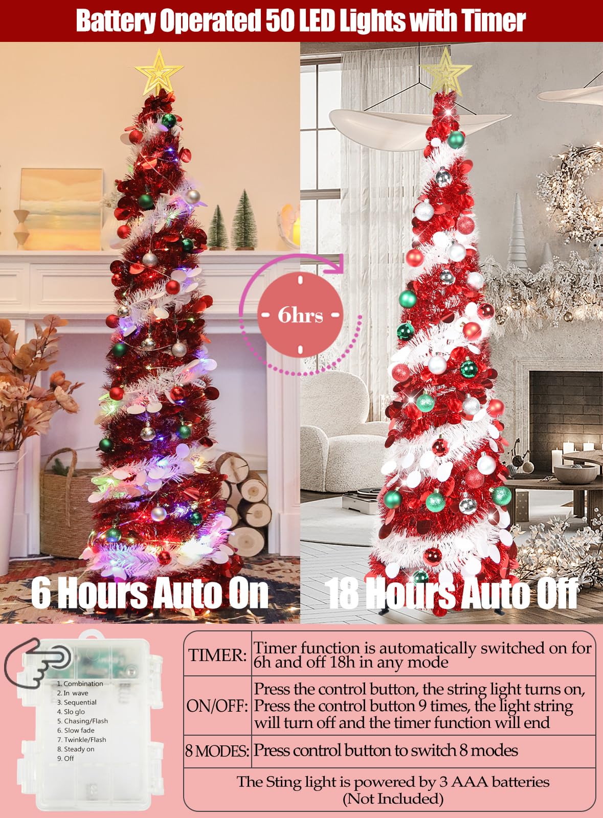 SINTENILL 5 FT Pop Up Christmas Tree with Timer Lights and Decorations, Red White Artificial Tinsel Christmas Tree with 24 Ball