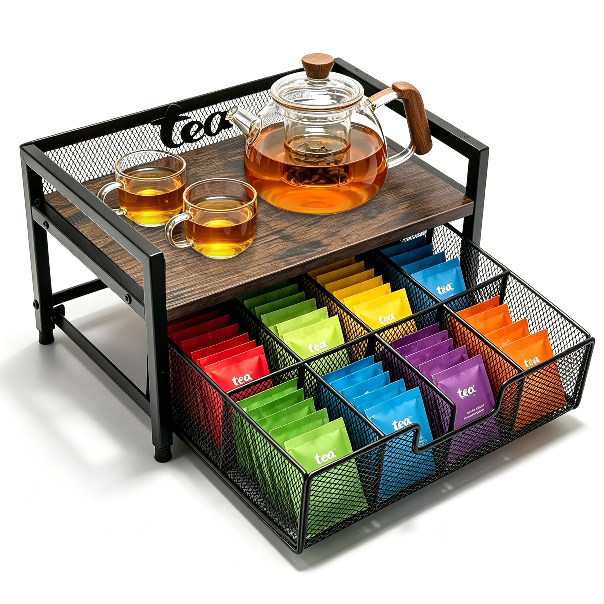 Uniqcovosa 2 Tier Tea Bag Organizer  8 Drawer Sliding Tea Box Organizer, Tea Bar Accessories Organizer for Countertop, Bar Stat