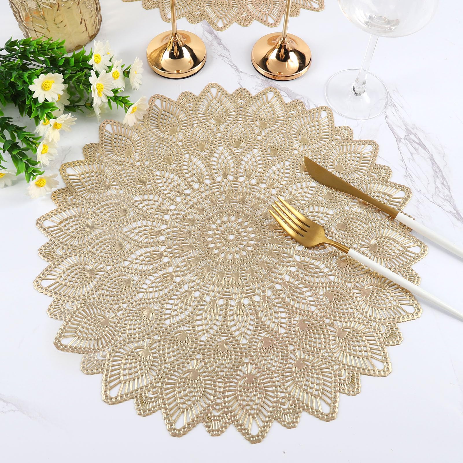 Mabbcoo Gold Round Placemats, Hollow Out Washable And Wipeable Place Mats, Pressed Vinyl Table Mats Set Of 6 For Anniversary Din