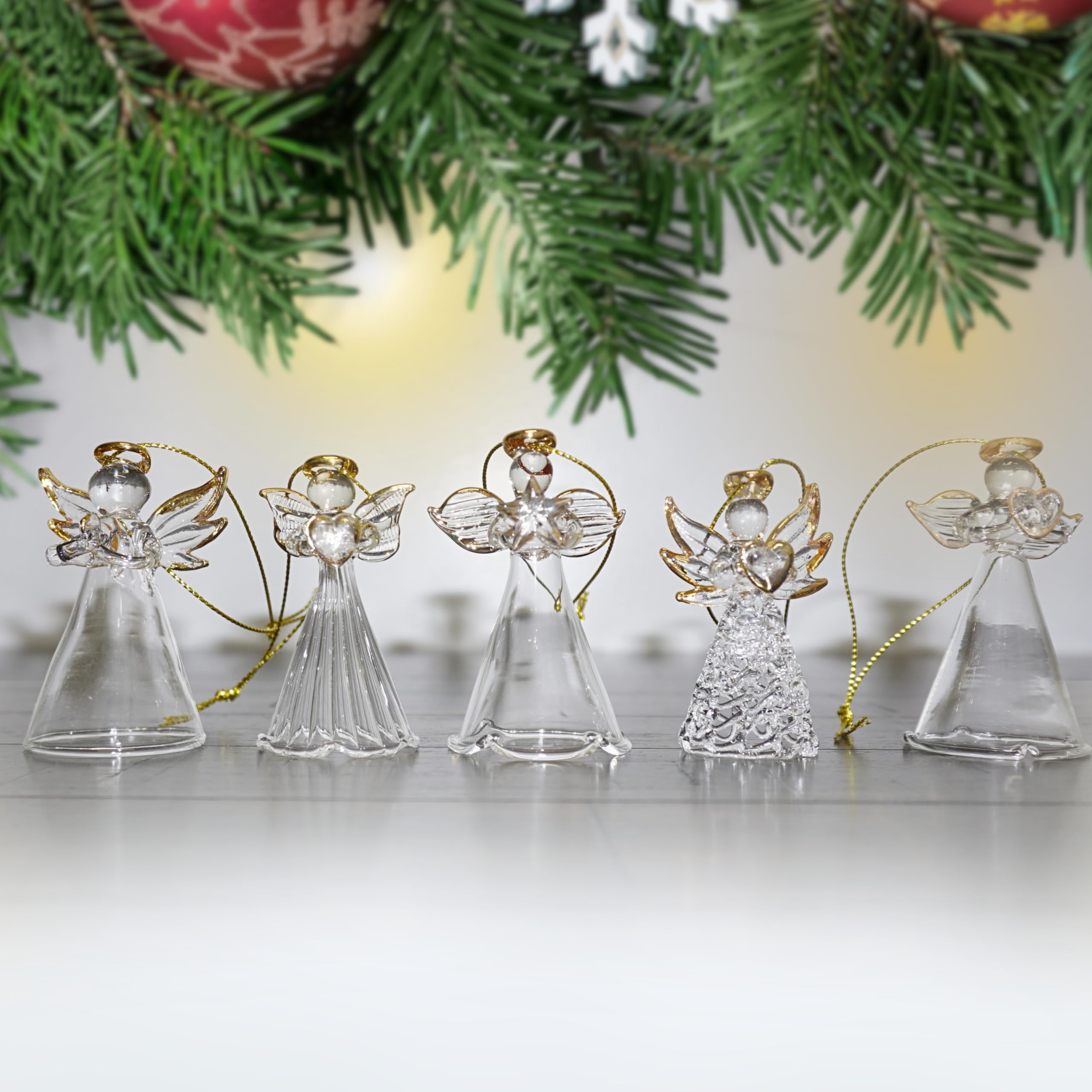 4E's Novelty Glass Angel Ornaments - Set of 12 Mini 2.5" Clear Crystal Spun Glass for Christmas Tree