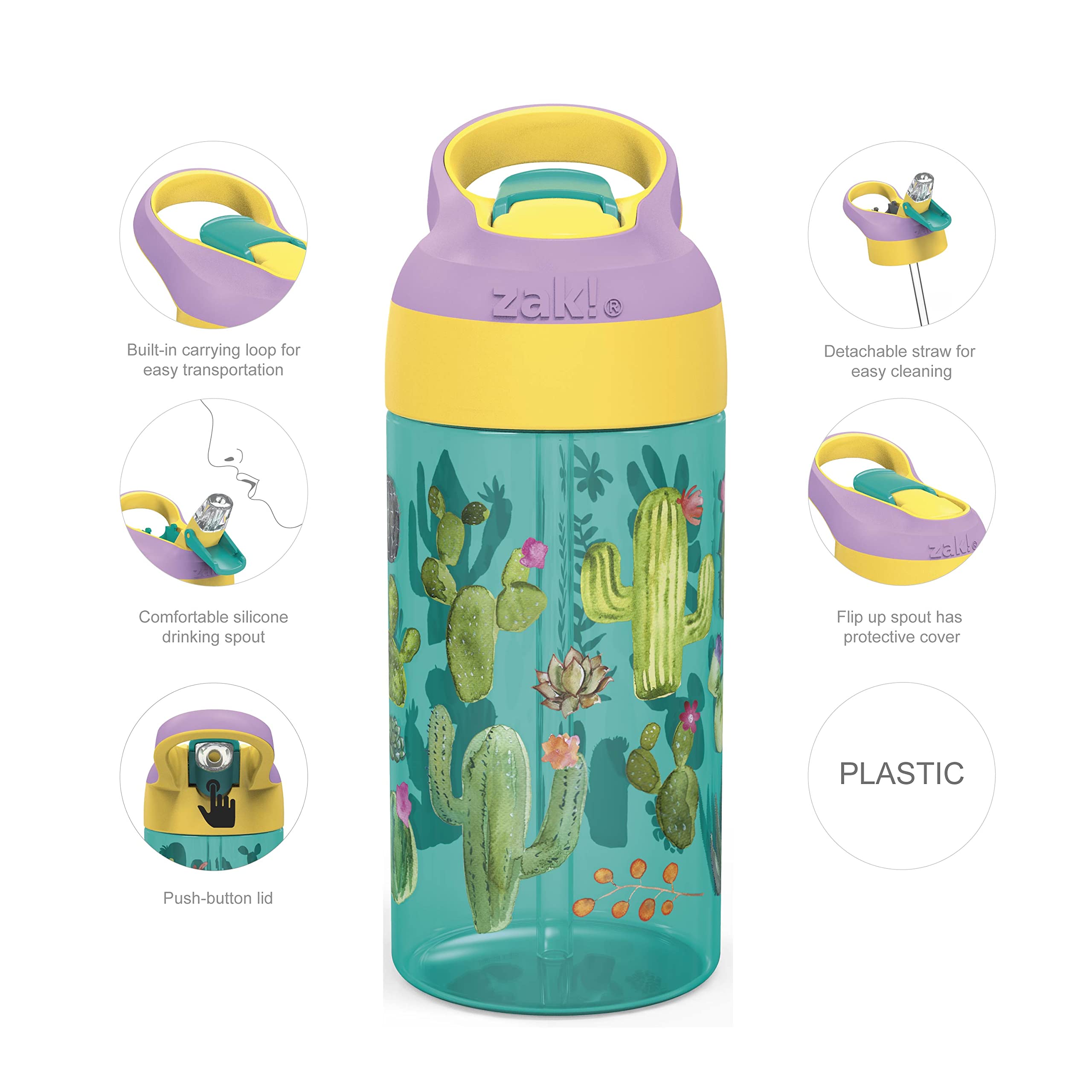 Zak Designs 16oz Riverside Desert Life Kids Water Bottle with Straw and Built in Carrying Loop Made of Durable Plastic  Leak-Proof Design for Travel  2PK Set