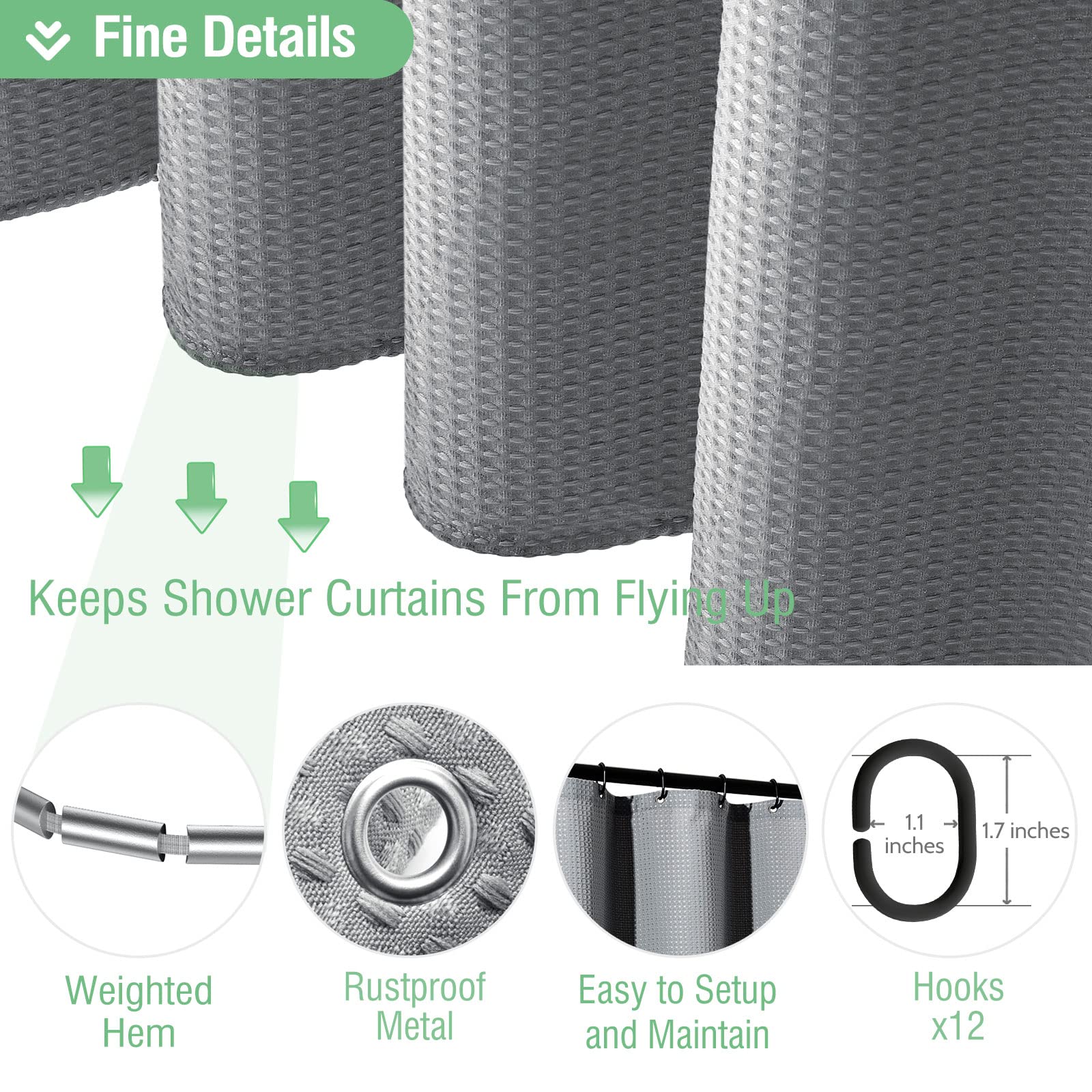 Dynamene Grey Fabric Shower Curtain For Bathroom - Waffle Weave Textured Heavy Duty , 256Gsm Hotel Luxury Weighted Cloth Bath Cu