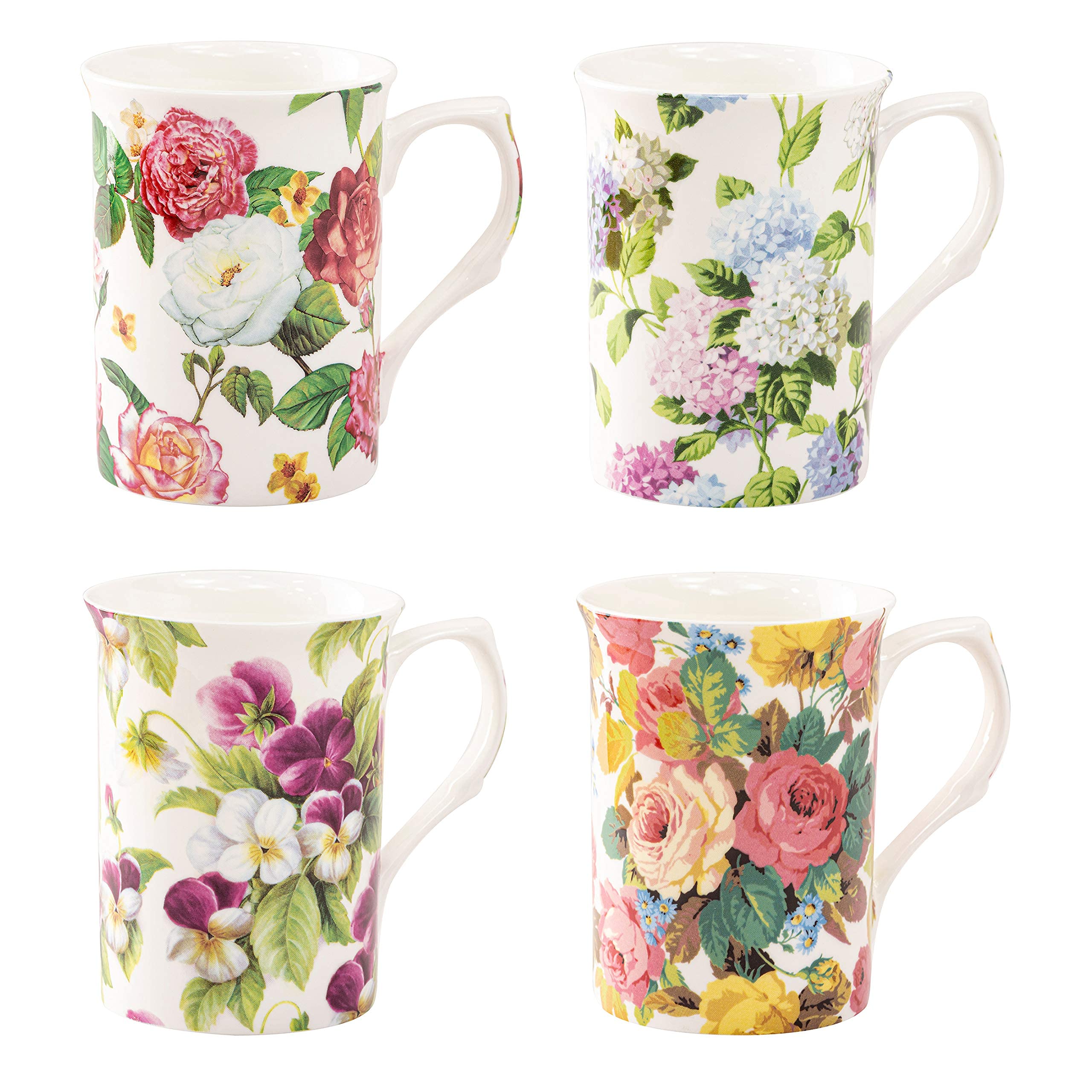 Grace Teaware Bone China Coffee Tea Mugs 9Ounce, Assorted Set of 4 (Countryside Garden)