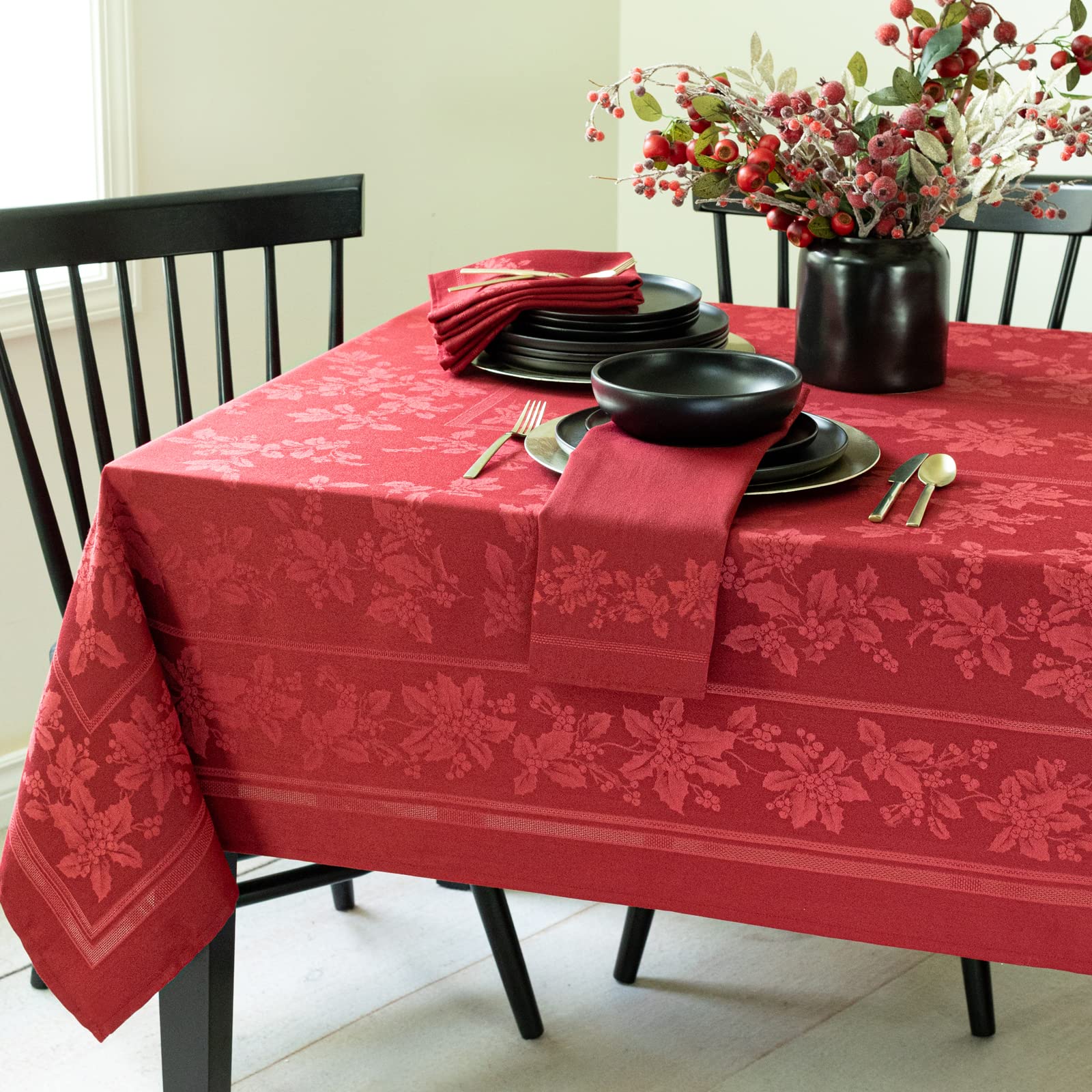 Benson Mills Holiday Elegance Heavyweight Engineered Jacquard Fabric Table Cloth  Holiday  Winter  and Christmas Tablecloth (Dark Red  60'' X 144'' Rectangular)
