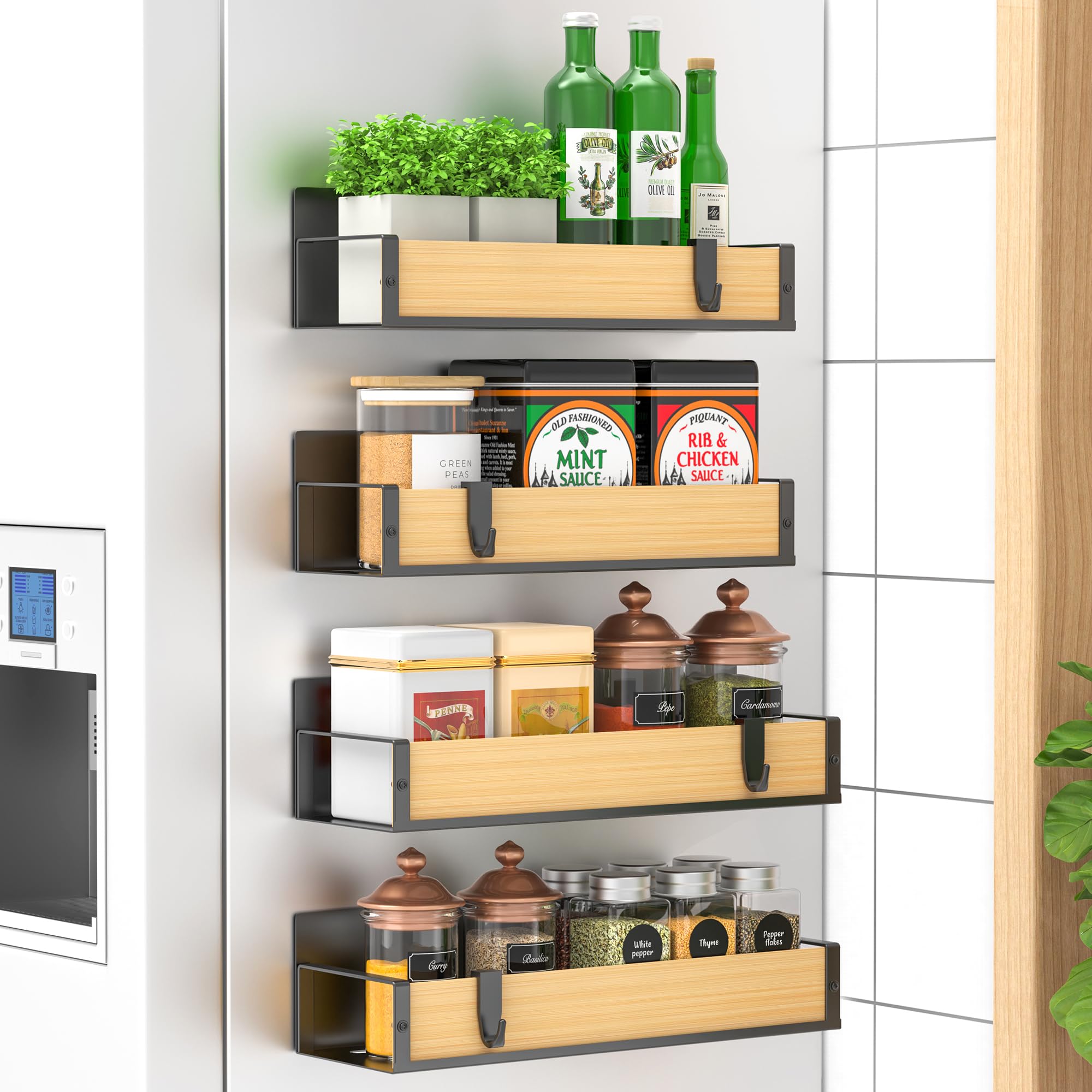 HuggieGems 4 Pack Magnetic Spice Storage Rack Organizer for Refrigerator and Oven, Wood Fridge Organizers and Storage