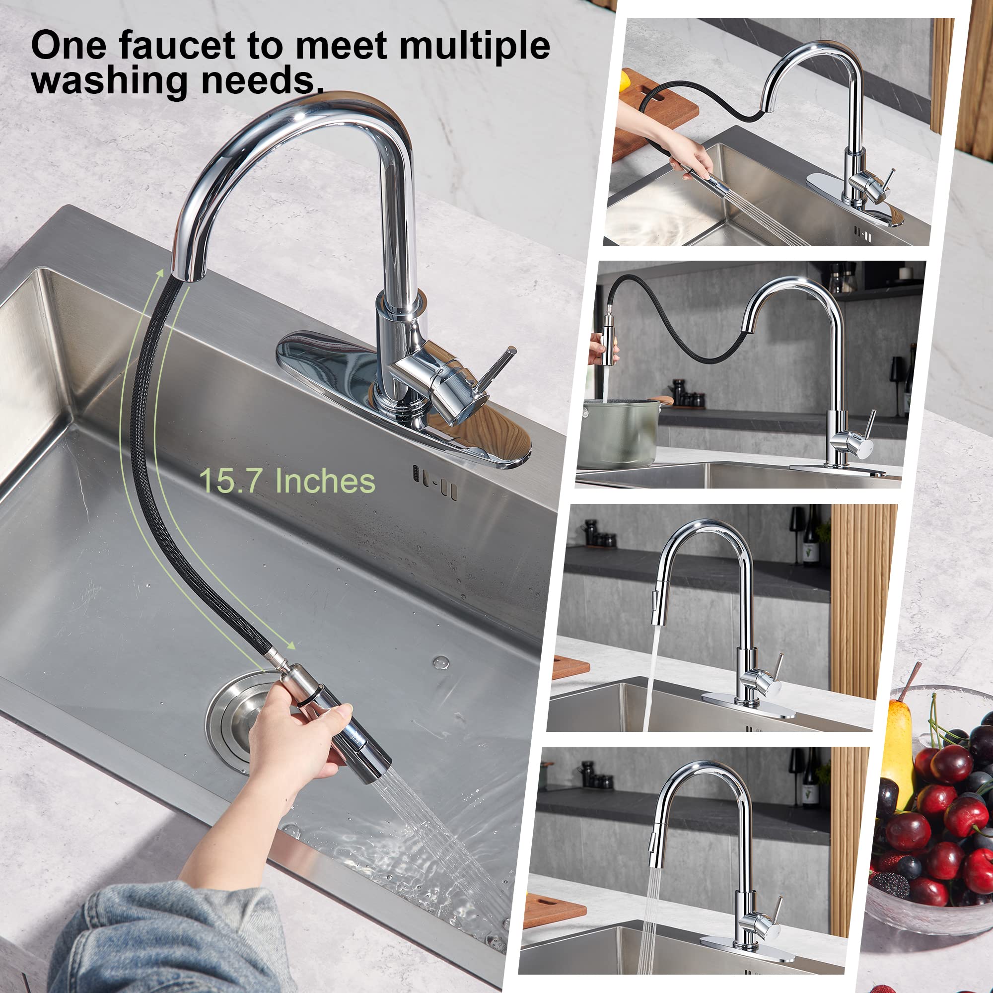 Tohlar Chrome Kitchen Faucets with Pull Down Sprayer  Single Handle Kitchen Sink Faucet Modern Staninless Steel Kitchen Faucet with Deck Plate