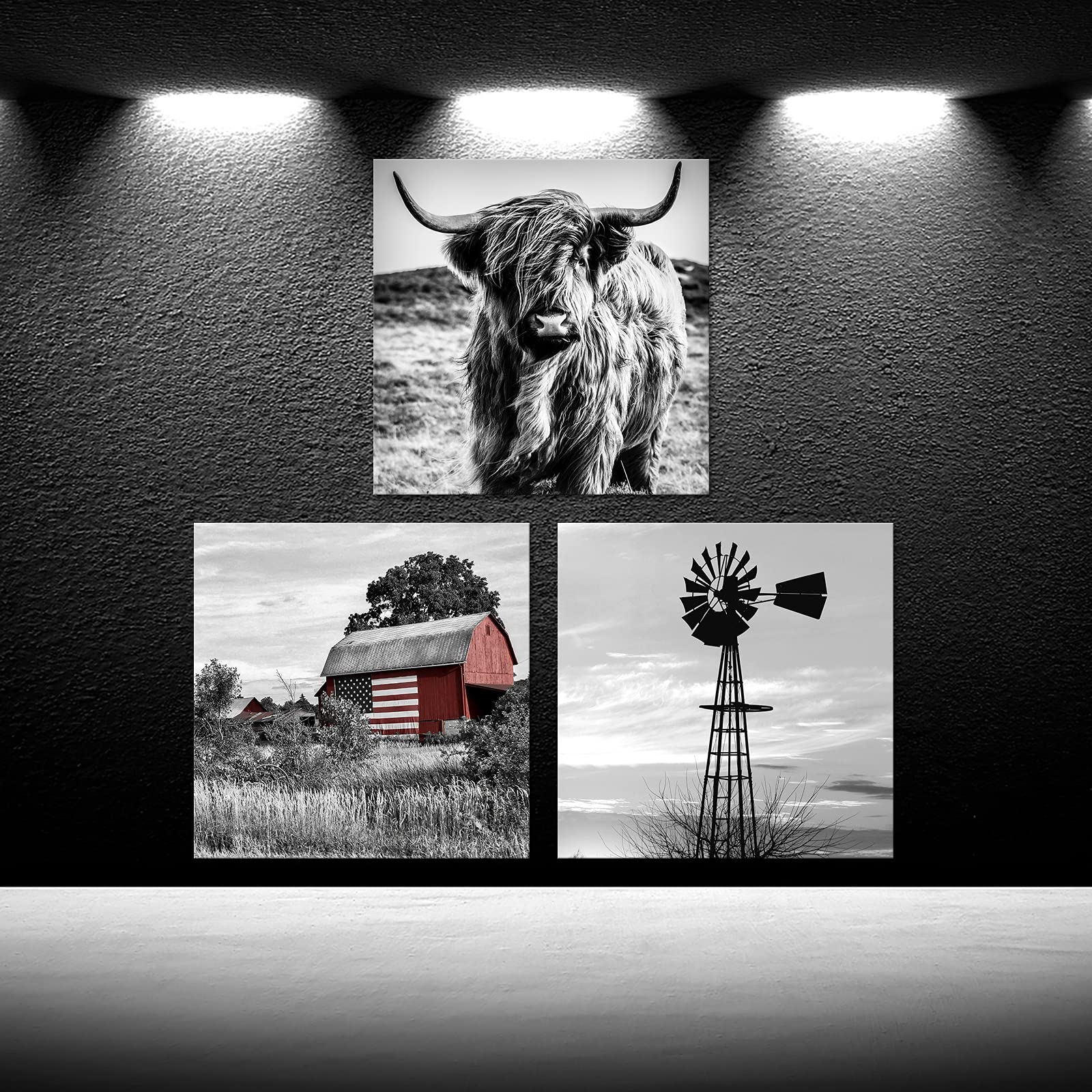 Black And White Canvas Set Of 3 Wall Art Prints Farmhouse Barn American Flag Highland Cow And Windmill Pictures Rustic Farm Coun