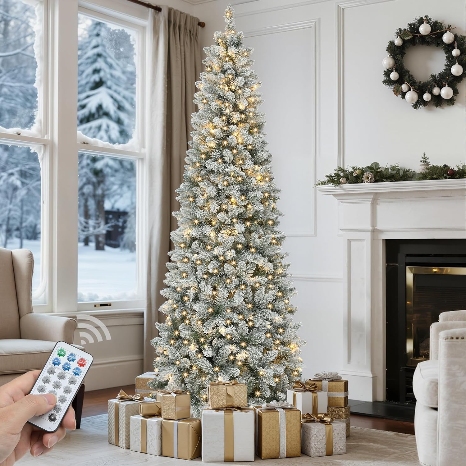 GOOBED Prelit Flocked Pencil Christmas Tree 7.5 FT, Slim Fraser Fir Christmas Tree with Remote for Compact Apartment, Xmas Tree 
