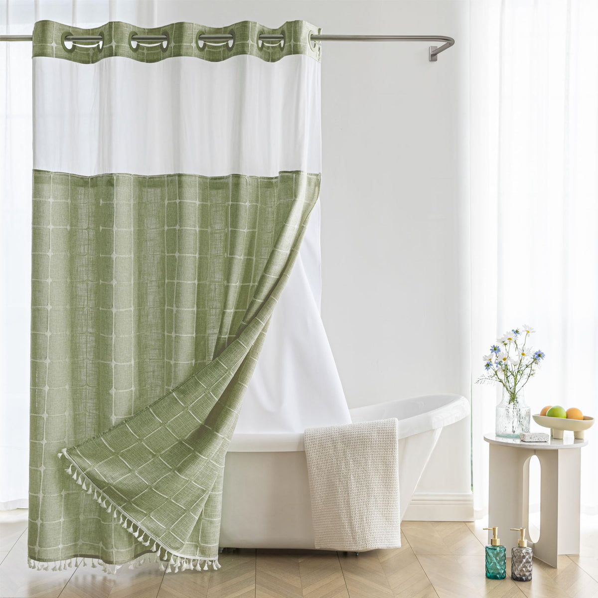 River Dream White Farmhouse Shower Curtain With Snap-In Liner, No Hooks Needed,With Magnets,With Tassels,Water Repellent&Machine