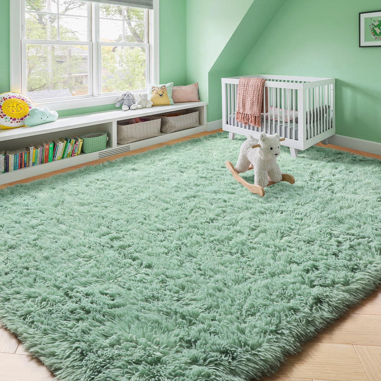 Amdrebio Sage Green Area Rugs for Living Room, 6x9 Rug, Fluffy Furry Rugs for Bedroom, Big Shag Carpets for Kids Room Decor, Sof