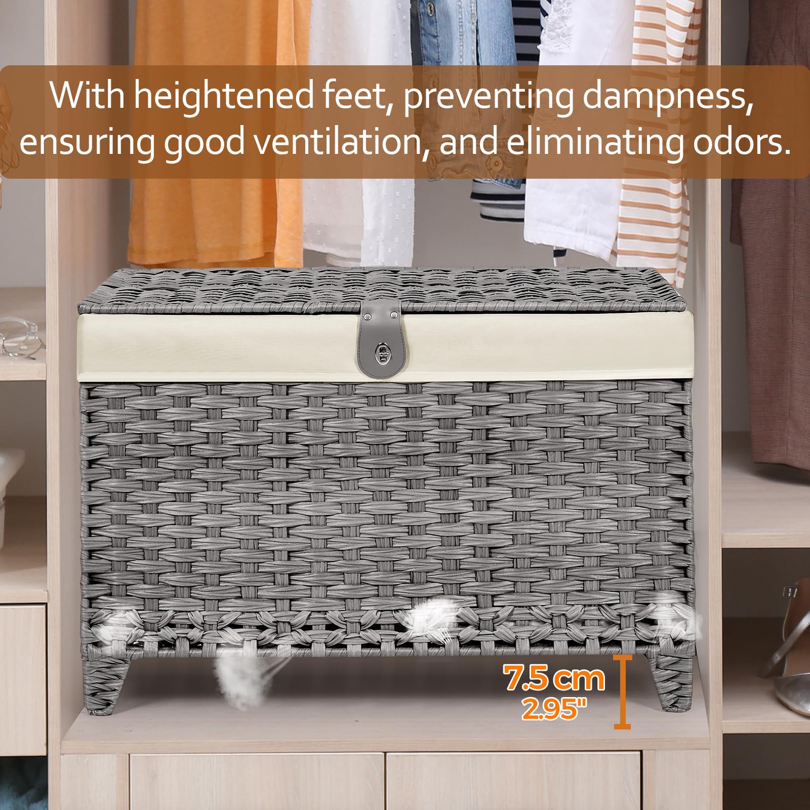 Honjourai Wicker Storage Basket With Lid,Rattan Shelf Basket With Removable Liner Bag,160L Storage Bin,Storage Trunk With Height