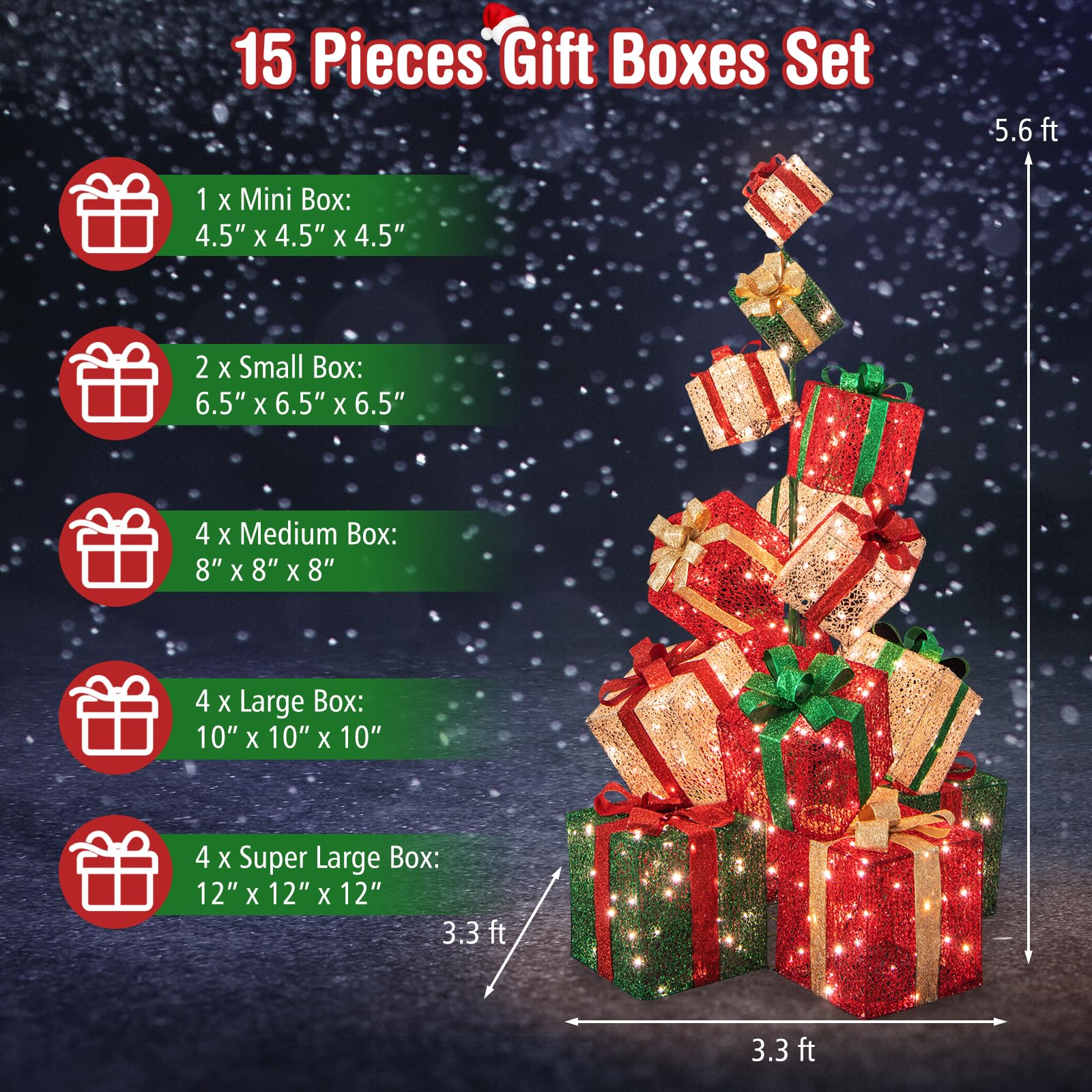 Goplus Lighted Boxes Tower, 15 Pieces Stackable Pre-lit Xmas Present Boxes w/ 450 Warm White Lights, Metal Base, Stakes & Bows,