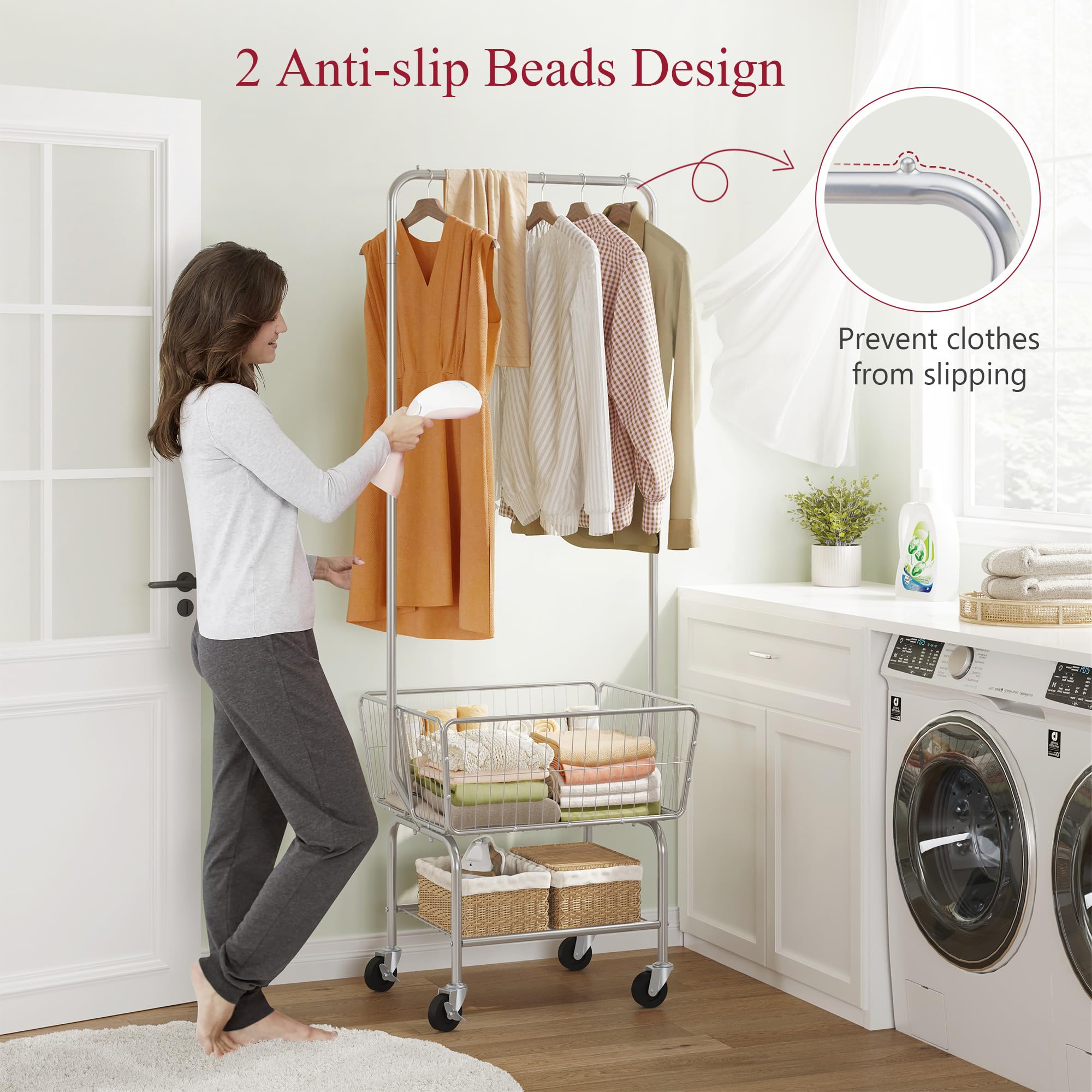 Tajsoon Laundry Cart With Hanging Rack, Metal Laundry Basket With Wheels, Laundry Hamper With Storage Basket, Rolling Laundry Ca