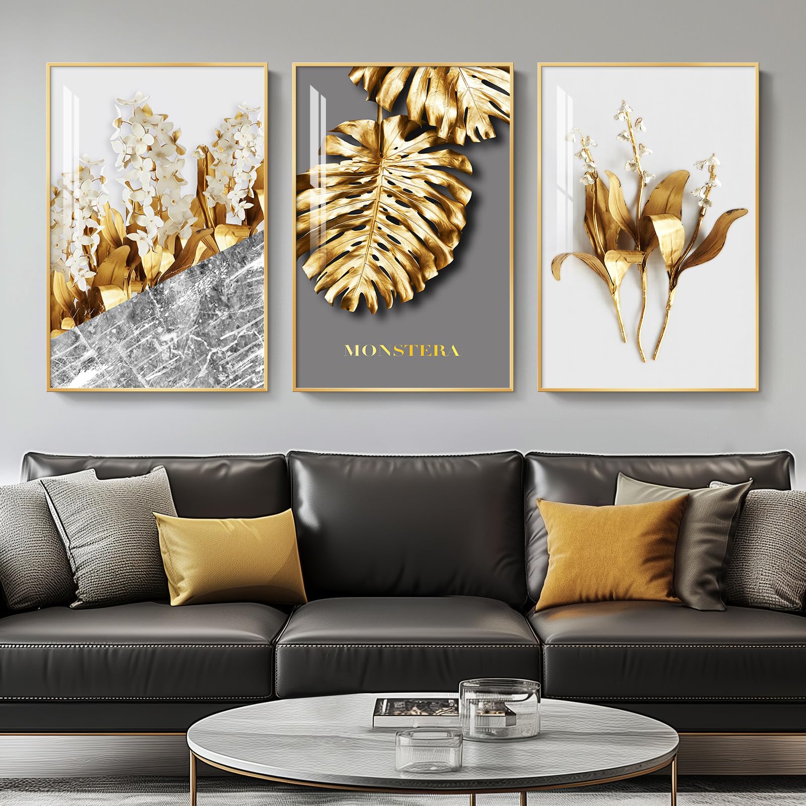 Framed Modern Luxury Large Gold Wall Art For Living Room, Set Of 3 Piece Contemporary Paintings Artwork For Walls, Golden Leaf P