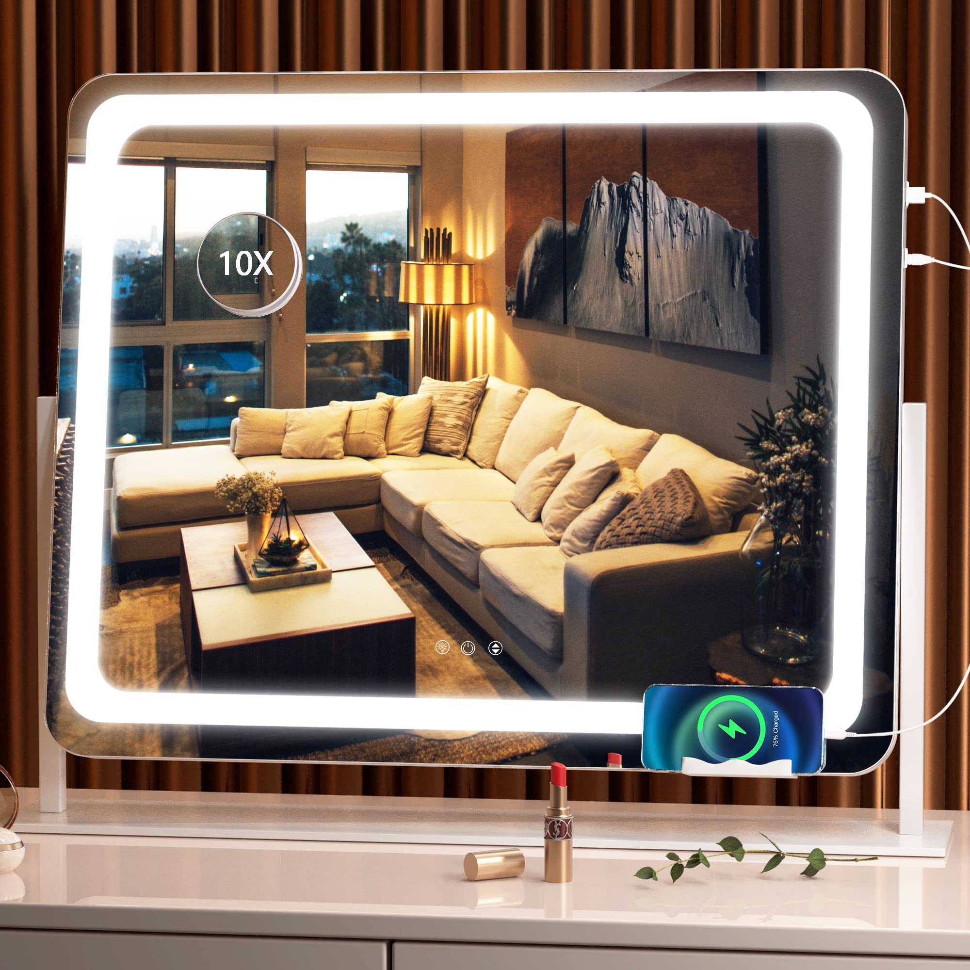 Hasipu Vanity Mirror With Lights, 24.2'' X 18.9'' Led Make Up Mirror, Light Up Mirror With 10X Magnification And Usb Charging Po