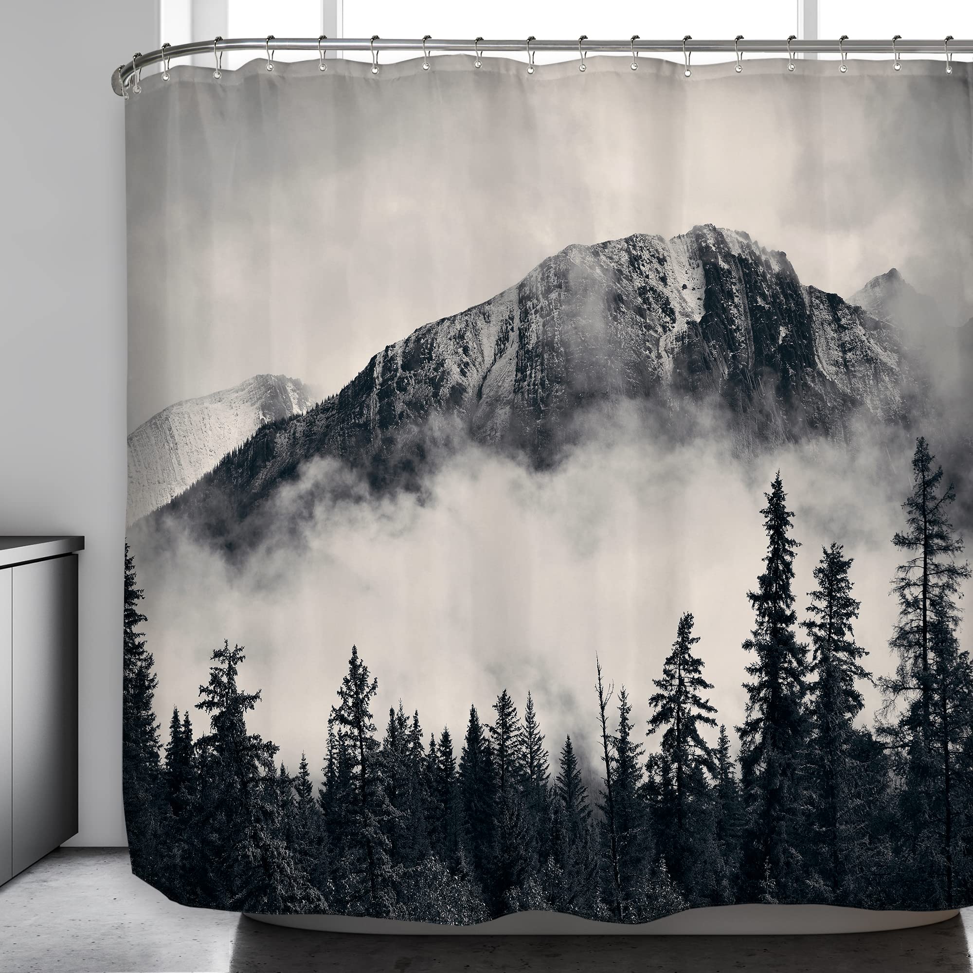 Riyidecor Extra Wide Misty Forest Mountain Clawfoot Tub Shower Curtain 108Wx72H Inch 19 Pack Foggy Tree Metal Hooks Foggy Smokey