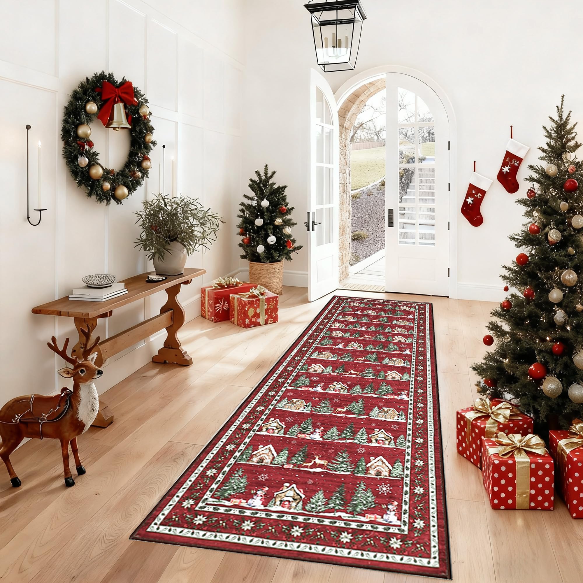 GarveeHome Christmas 2x8 Kitchen Rug Runner Machine Washable Low Pile Non Slip Backing Stain Resistant Christmas Tree Animals Pr