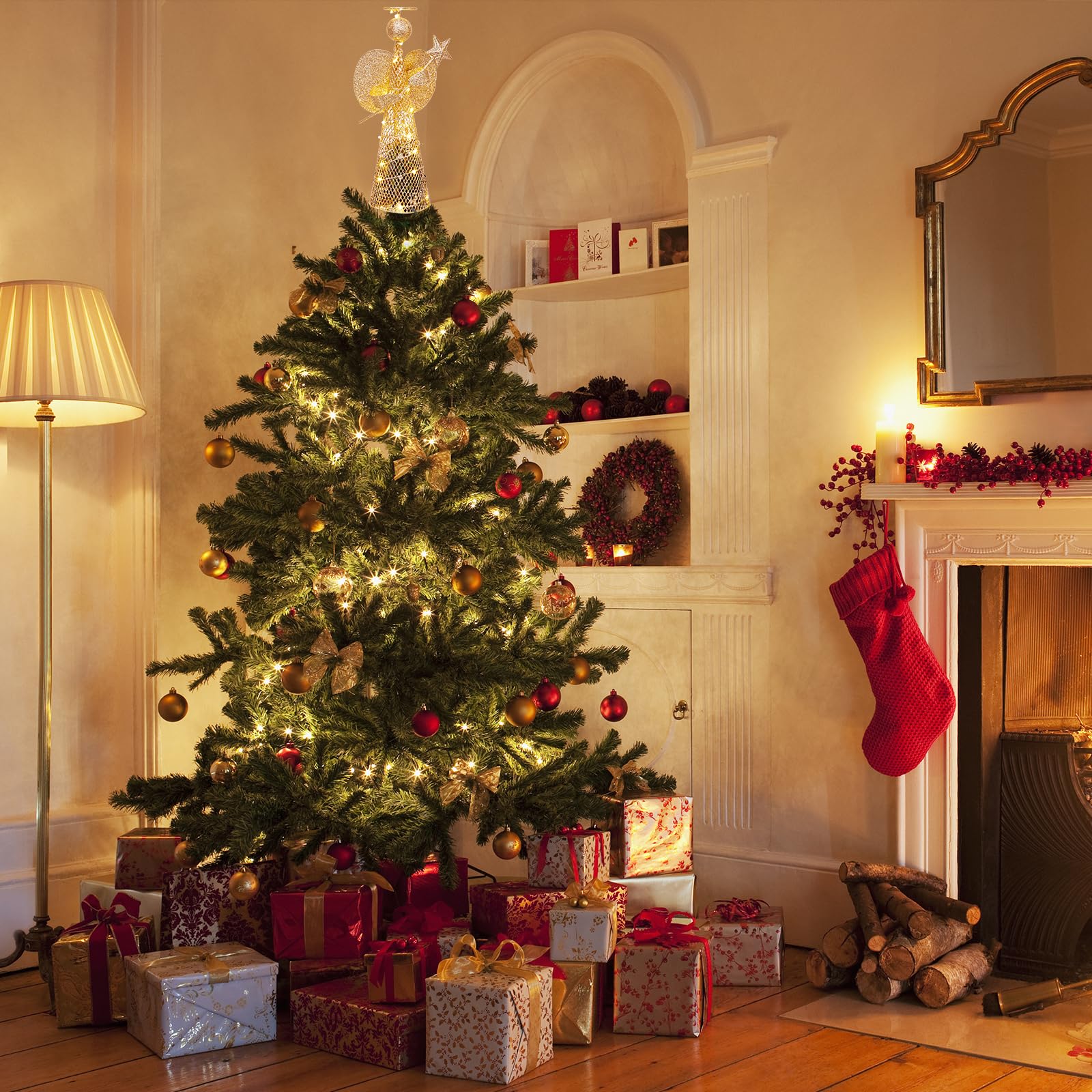 Christmas Tree Topper 9.8 Golden Glittered Star Tree Topper with 20 LED Lights Xmas Tree Topper Star for Xmas Decorations Orname