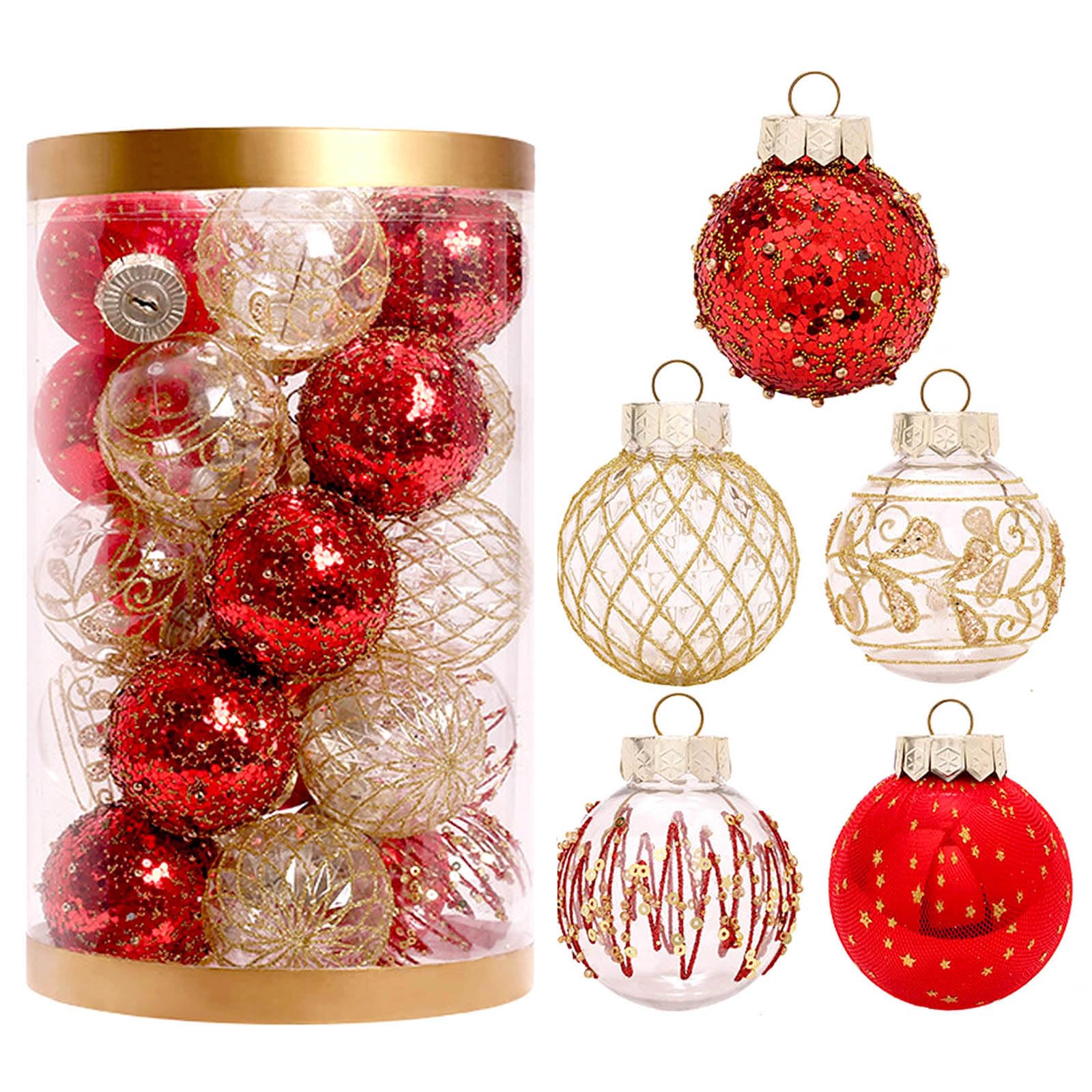 25Pcs Christmasl Ornaments Set,2.36/60mm Red and Gold Christmas tress Decorations,Clear Plastic Shatterproof Christmas Ball Hang
