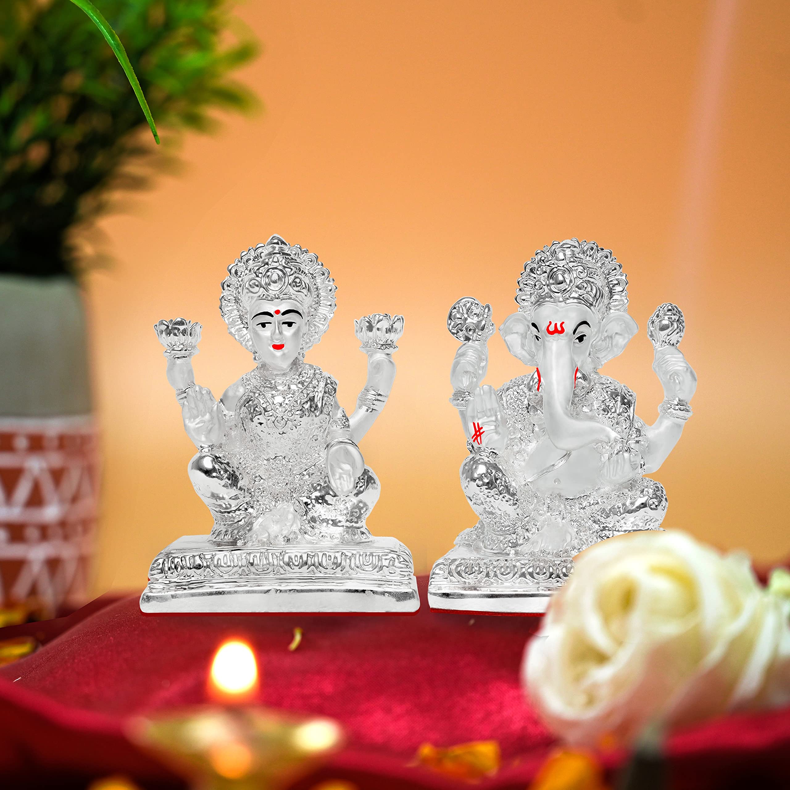 Diviniti Laxmi & Ganesha Idol For Diwali Home Decor|999 Silver Plated Sculpture Of Laxmi Ganesha Figurine|Idol For Home, Office,