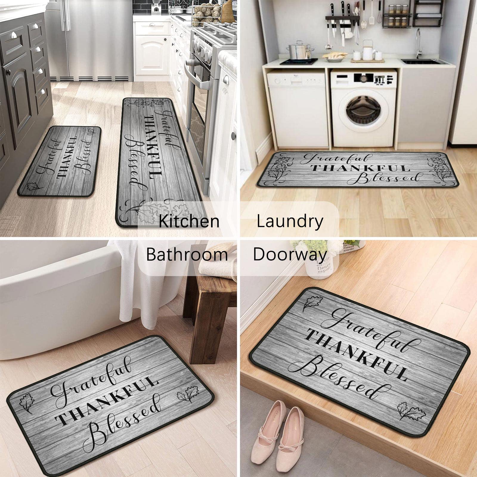 Grateful Thankful Blessed Kitchen Rugs Set Of 2 Grey Non-Slip Kitchen Rug And Mat Cushioned Comfort Kitchen Standing Rug For Kit