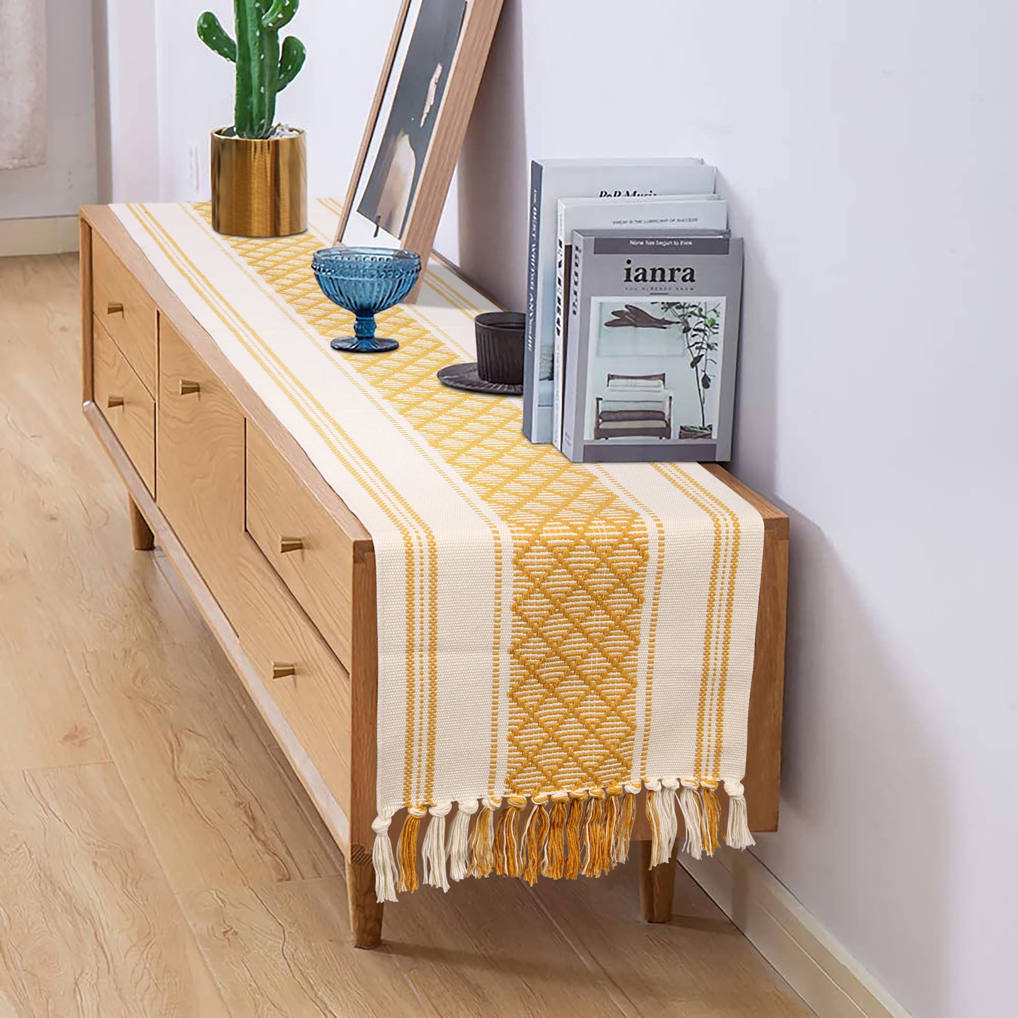 Boho Table Runner With Tassels 14 X 90 Inches, Yellow & Cream | Woven Washable Console Table / Dresser Runner And Topper, Farmho