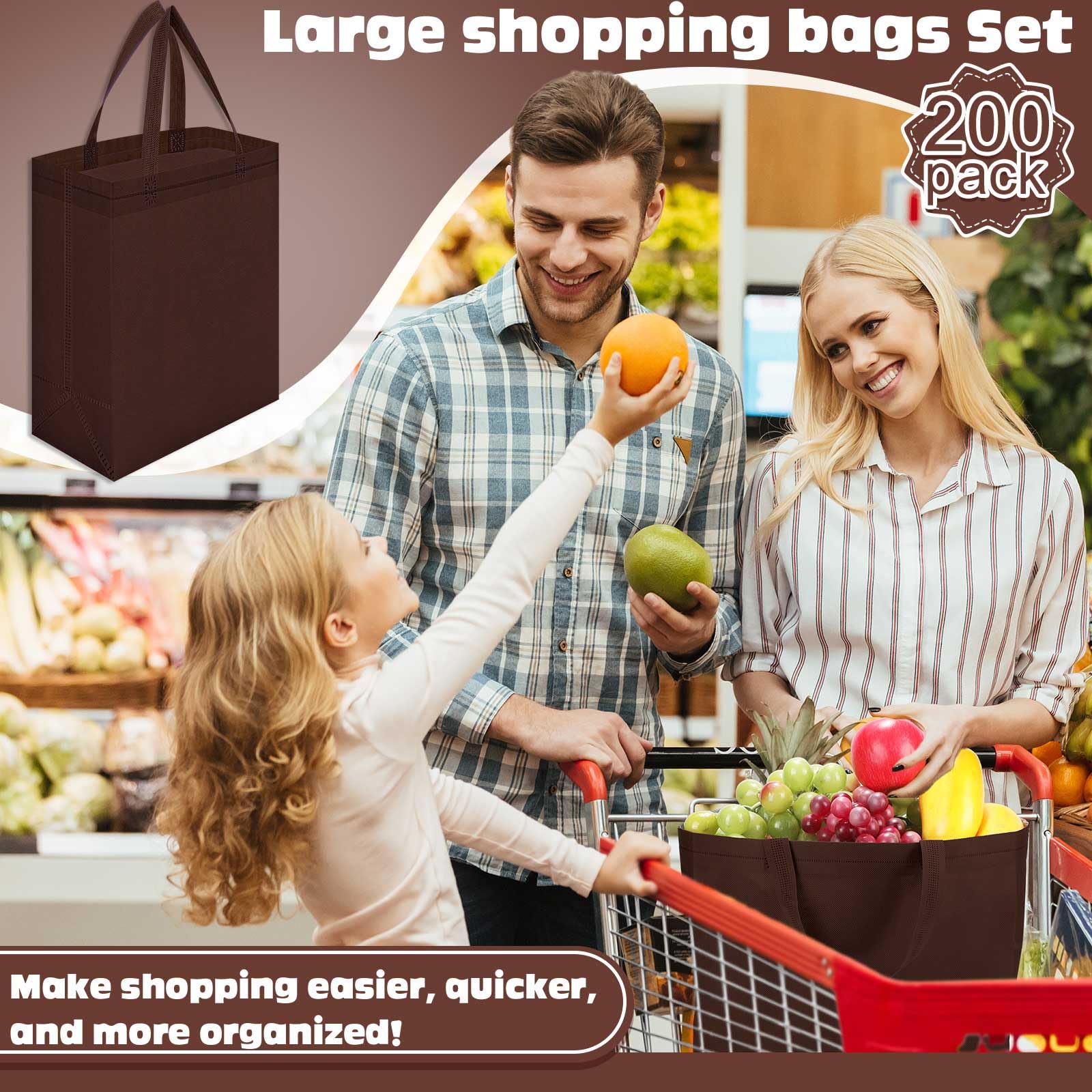 Windyun 50 Pcs Reusable Tote Bag Bulk 8 x 4 x 10 Inch Non Woven Shopping Bag with Handle Christmas Reusable Grocery Gift Tote(Br
