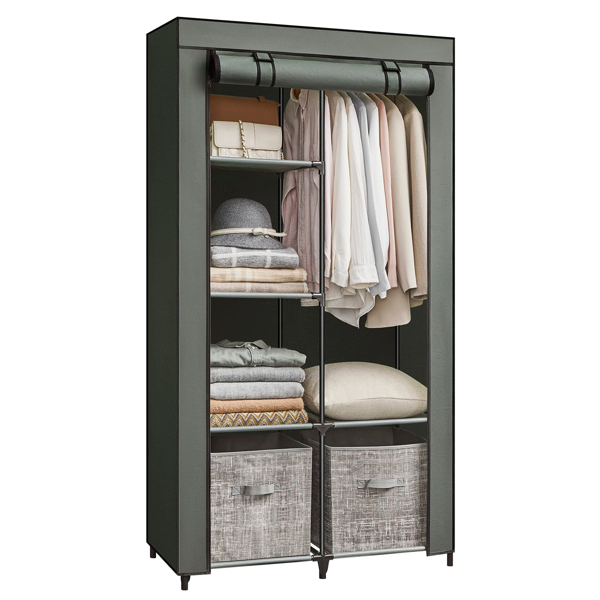 Songmics Portable Closet, 34.6 Inch Large Capacity Wardrobe Closet Organizer With Fabric Cover, Hanging Rods And Shelves, 34.6 X