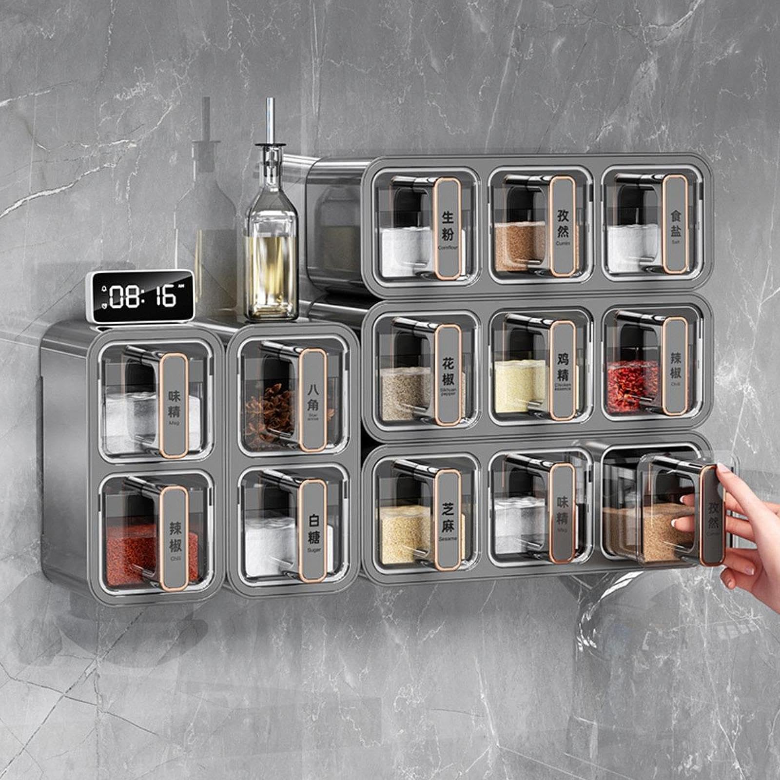 Trendivibe Clear Seasoning Storage Container Rack Set For Buffets Kitchen Counter 2 Grid Gray