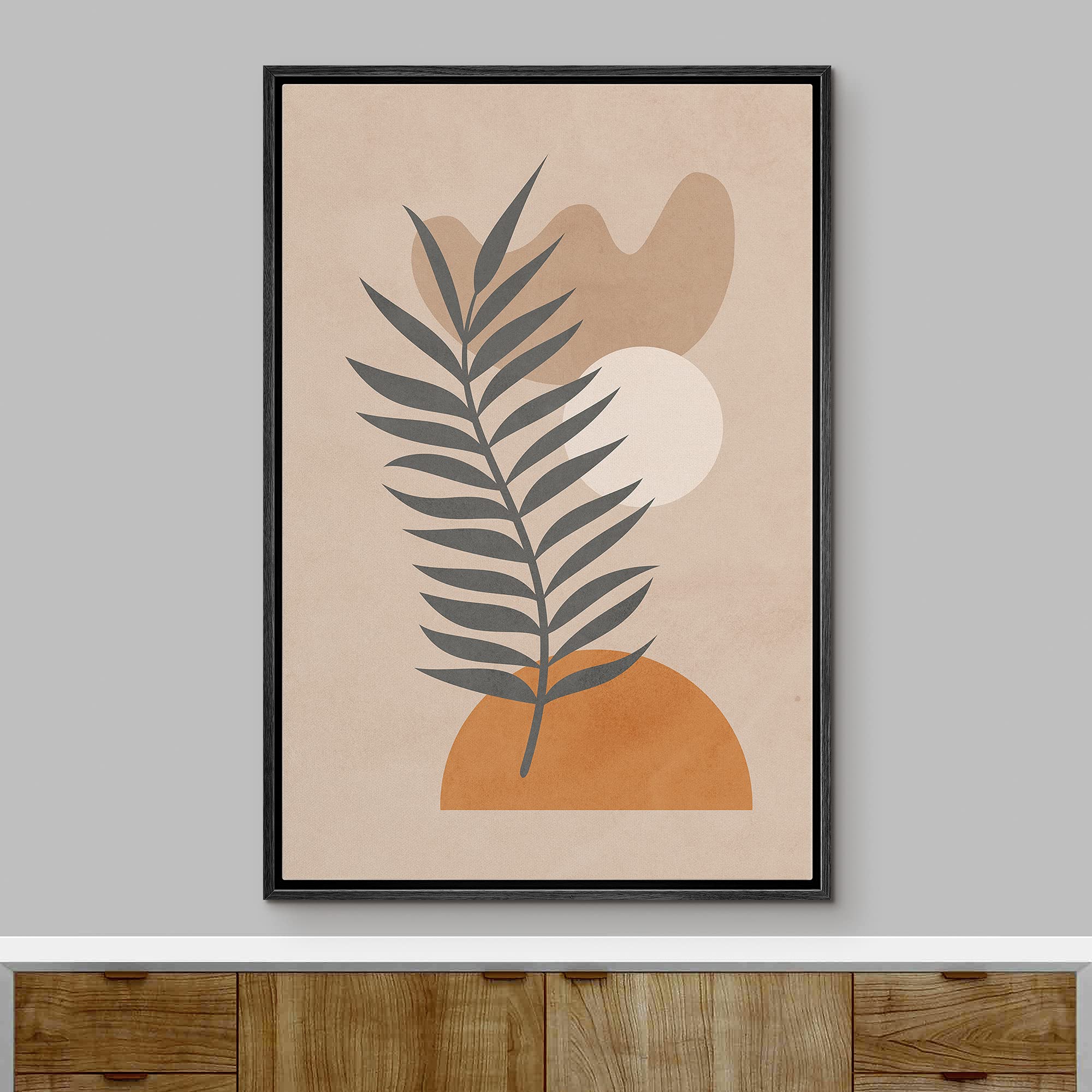 Ashbrook Framed Canvas Print Wall Art Mid-Century Palm Leaf On Tan And Orange Circles Floral Botanical Illustrations Modern Bohe
