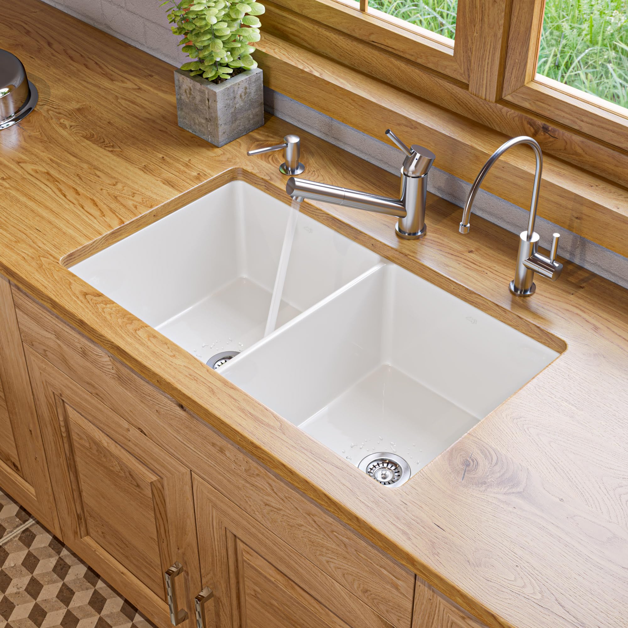 Alfi Brand Abf3219Dud-W White 32'' X 19'' Double Bowl Fireclay Undermount/Drop In Fireclay Kitchen Sink